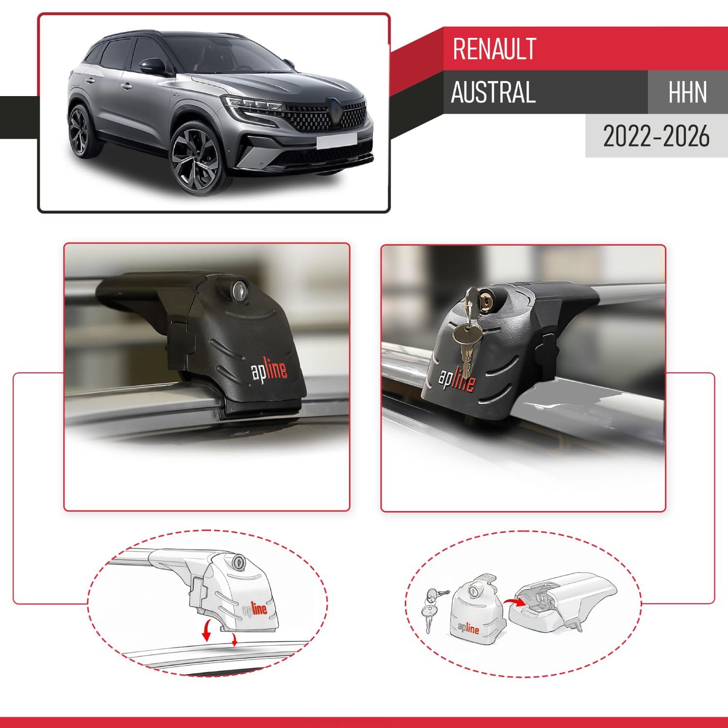 Compatible avec Renault Austral (HHN) 2022-2026 ACE-2 Modèle Barres de Toit Railing Porte-Bagages de Voiture Aluminium Gris 2 Barres