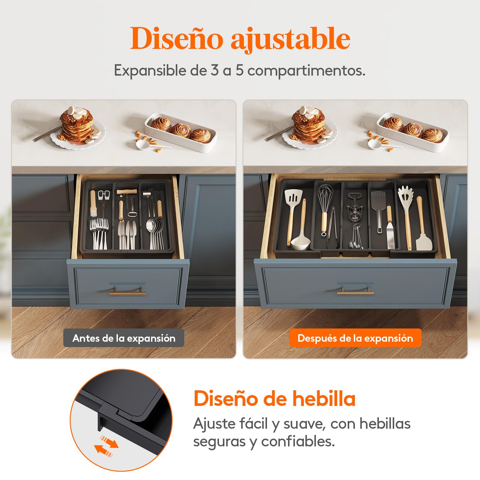 Lifewit Organizador de Cajones de Utensilios, Organizador Cubiertos Expandible para Cocina, Soporte de Cubiertos Ajustable para Cajon, Profundidad de 38 cm, Ampliable a 57 cm, Lote 1, Negro