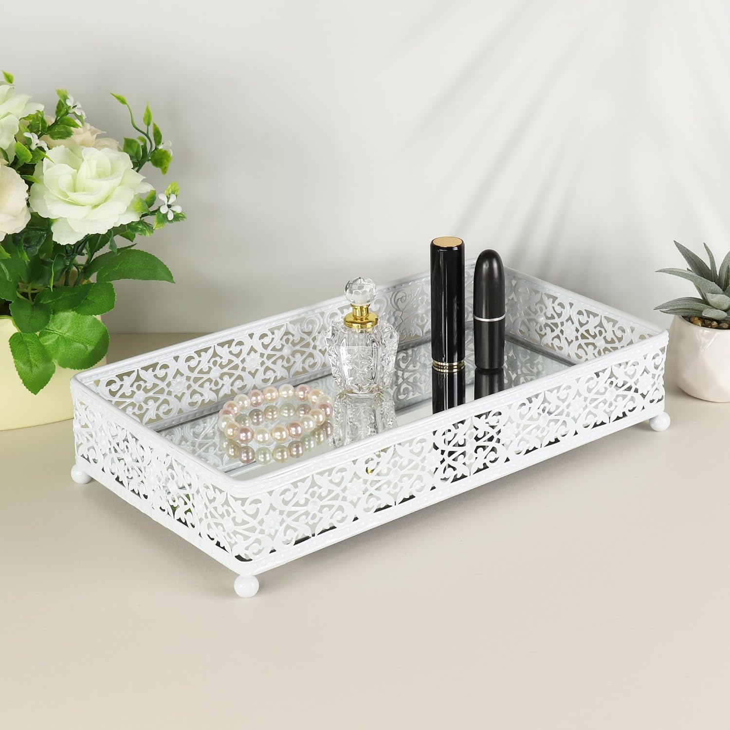 Rectangular Vanity Mirror Tray Napkin Holder Organizer on Desktop Tabletop for Serving Perfume Cosmetics Jewelry Bathroom Countertop (Y530 Black, Small 10.24" L x 5.12" W x 2.48" H)