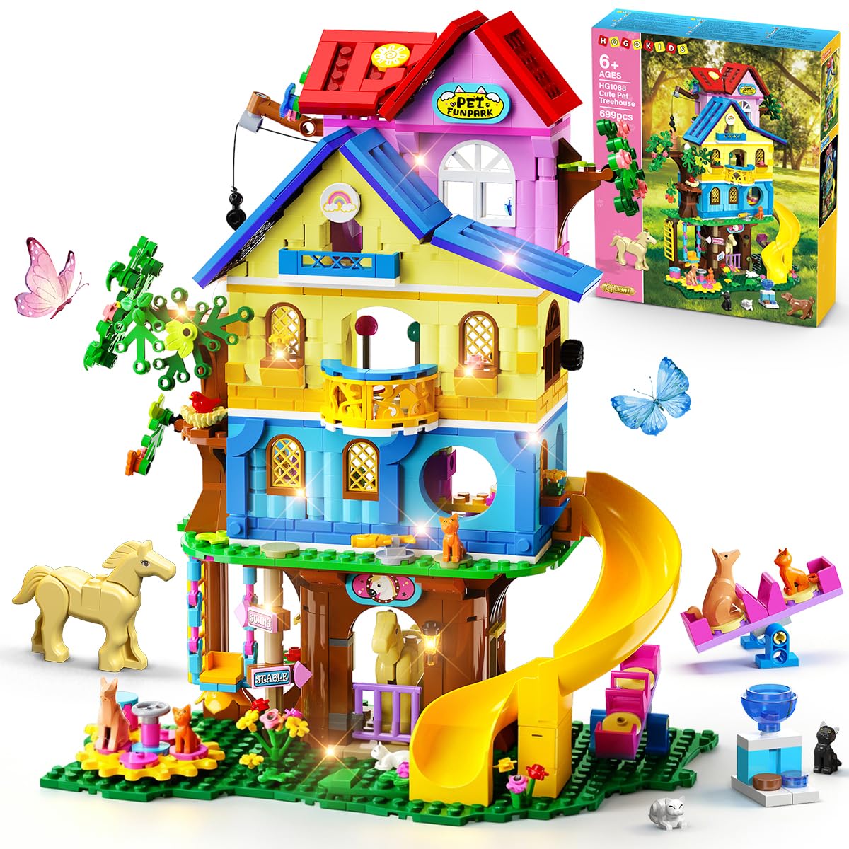 HOGOKIDS Casa sull'albero 4 piani con Luci LED, Set costruzioni bambine 6+ | Set costruzioni 699 pezzi con parco animali, scivolo, altalena e gioco di ruolo creativo per bambini 6-12 anni
