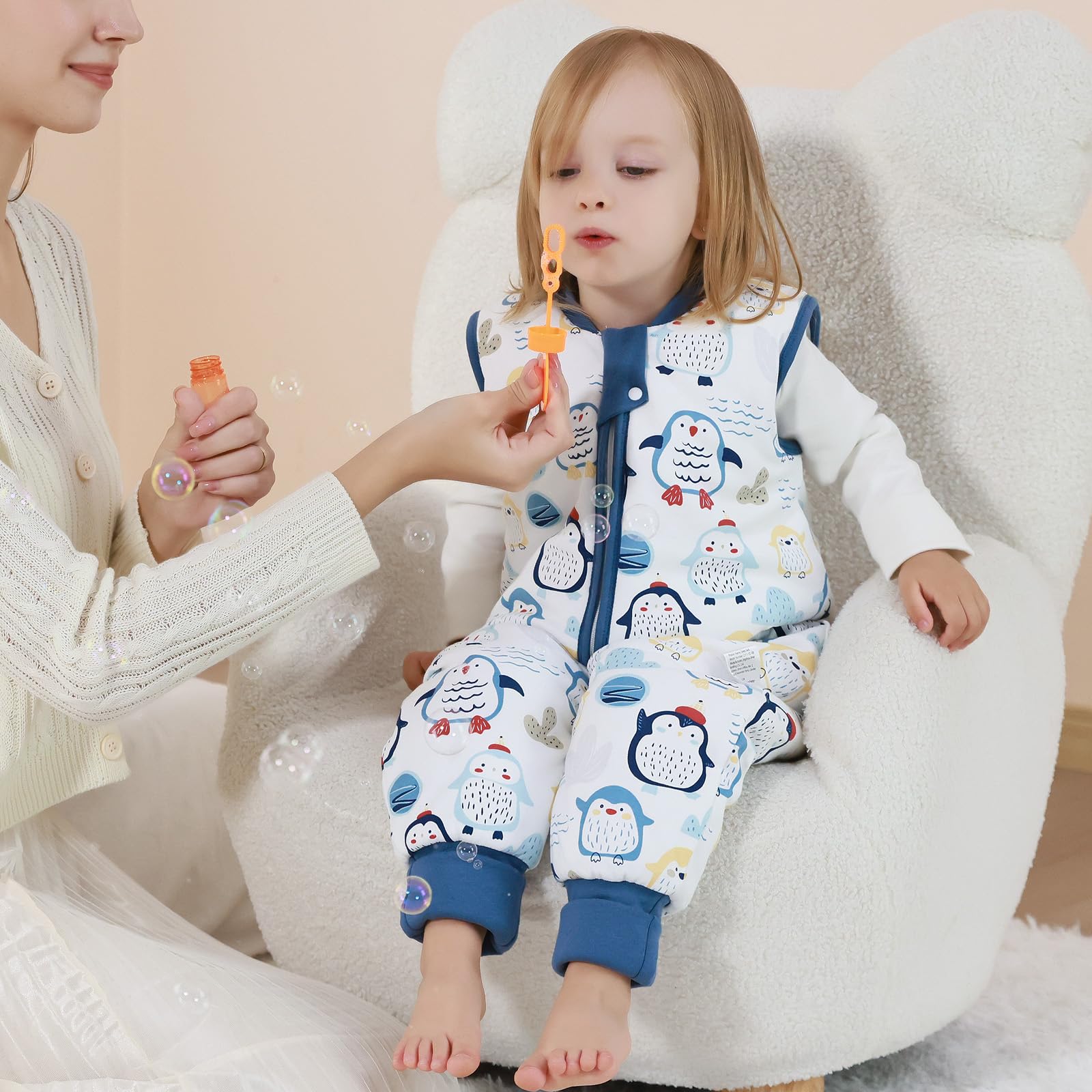 MIKAFEN Bambini Sacco nanna invernale con gambe 2,5 Tog,100% cotone,Sacco nanna con piedini,85-95 cm/18-36 mesi,Pinguino blu