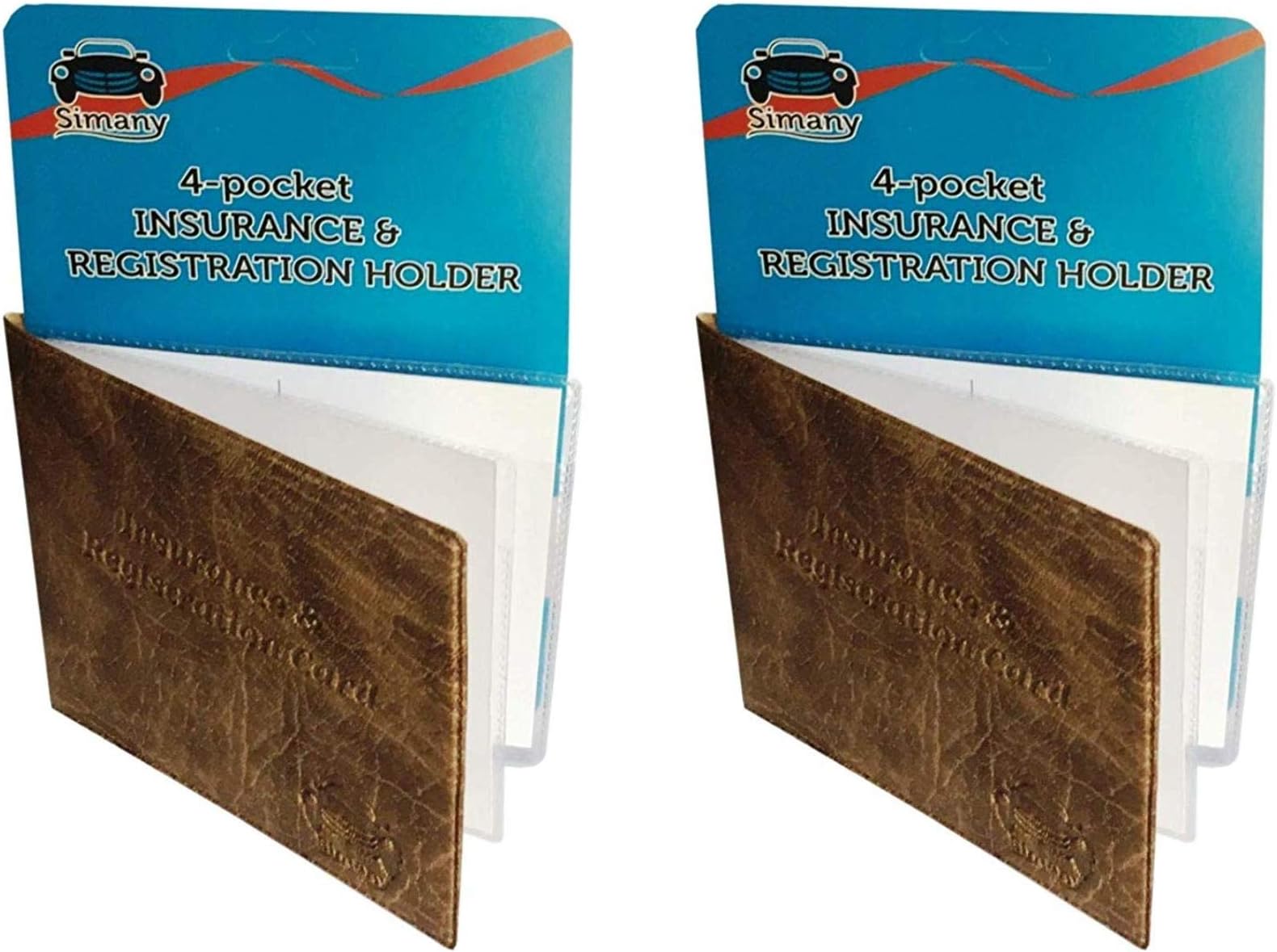 Set of 2 Tan 4-Pocket CAR Insurance Registration Holder 5.25" x 4.6" Embossed Faux-Leather