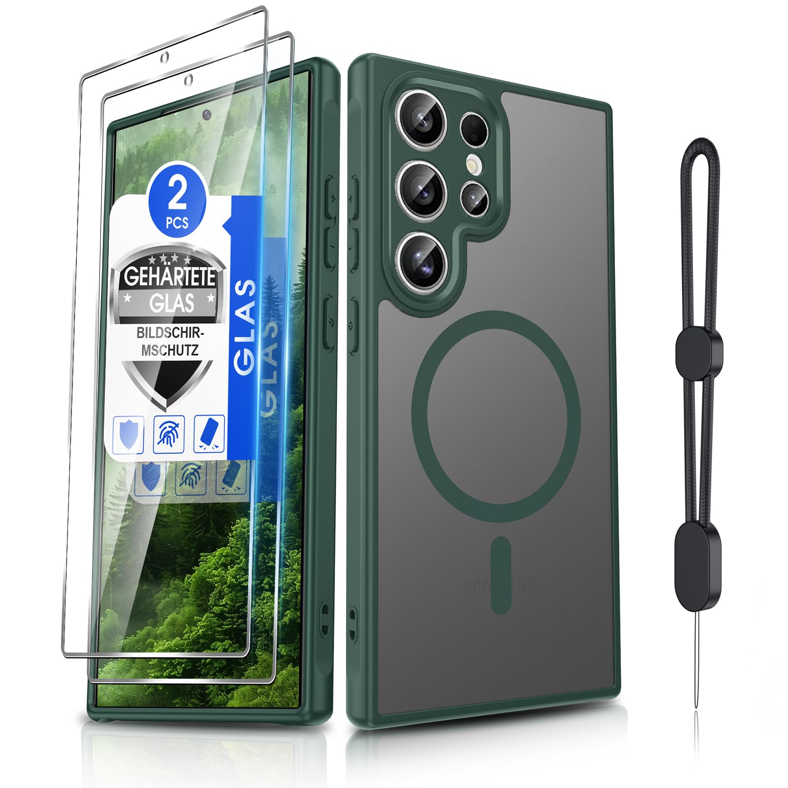 Dizn Handyhülle für Samsung Galaxy S24-Ultra: für MagSafe mit 2 Stück Displayschutzfolie, Kamera Schutz, Matt Transluzente,mit Handykette, Soft Touch,Militärstandard Schutz Cover,S 24 Ultra Case,Grün