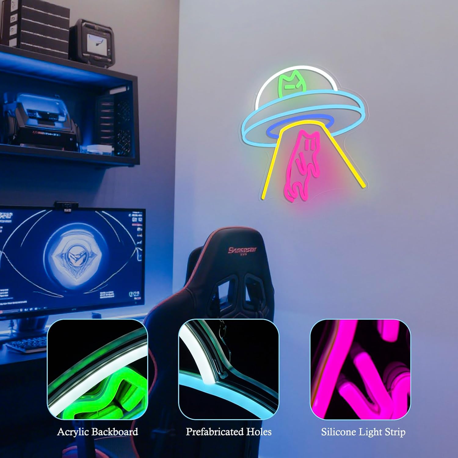 UFO Neon Sign for Wall Decor Dimmable Alien Cat Neon Sign UFO Led Light up Sign for Game Room Man Cave Children Space Bedroom Party Decoration Gift for Kids Boys