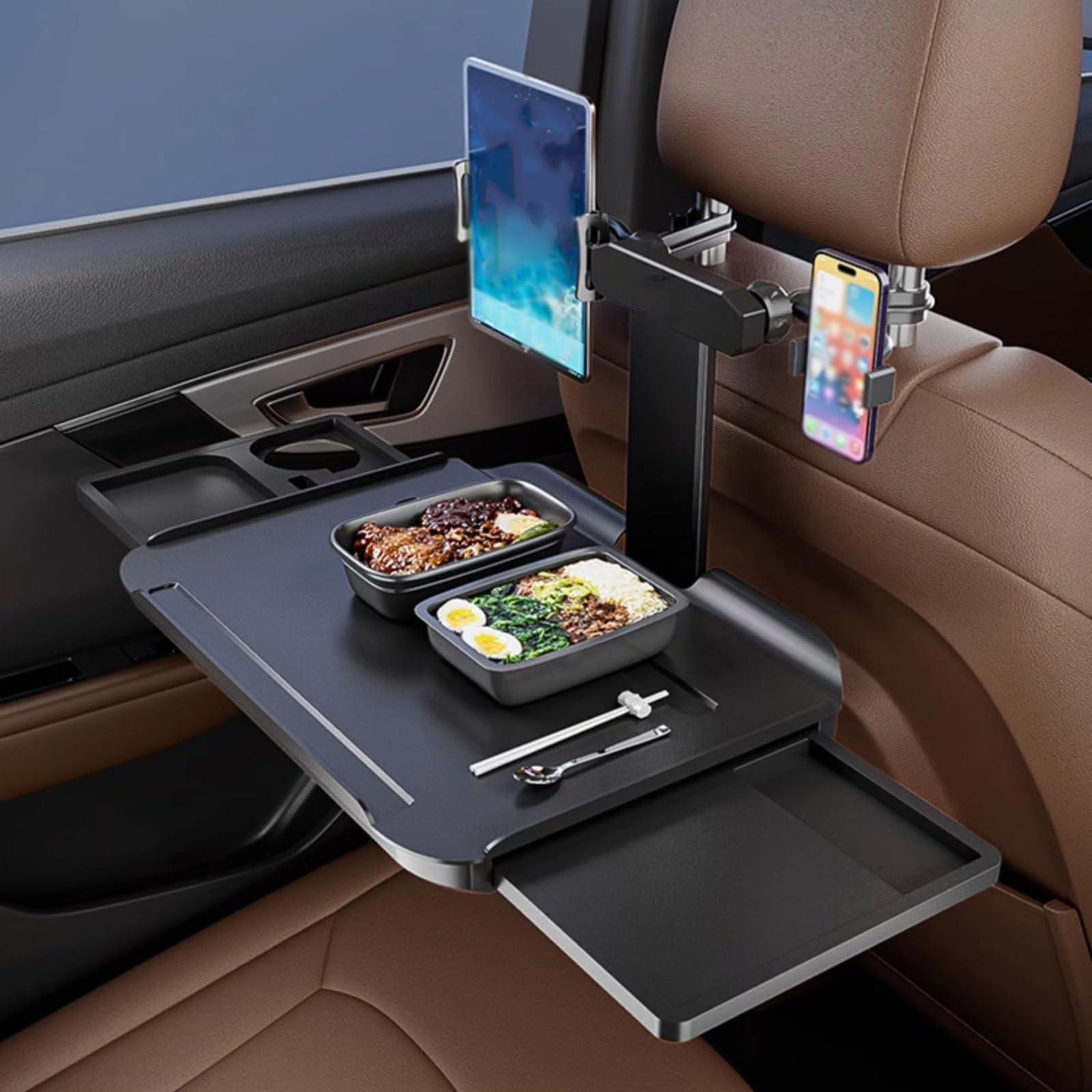 Ljfdxd One Color Car Telescopic Tray Folding Desk, Vehicle Tray Rear Headrest Multifunctional Adjustable Travel Tray With Phone Drink Tablet Holder, For Working, Writing, Eating, Traveling