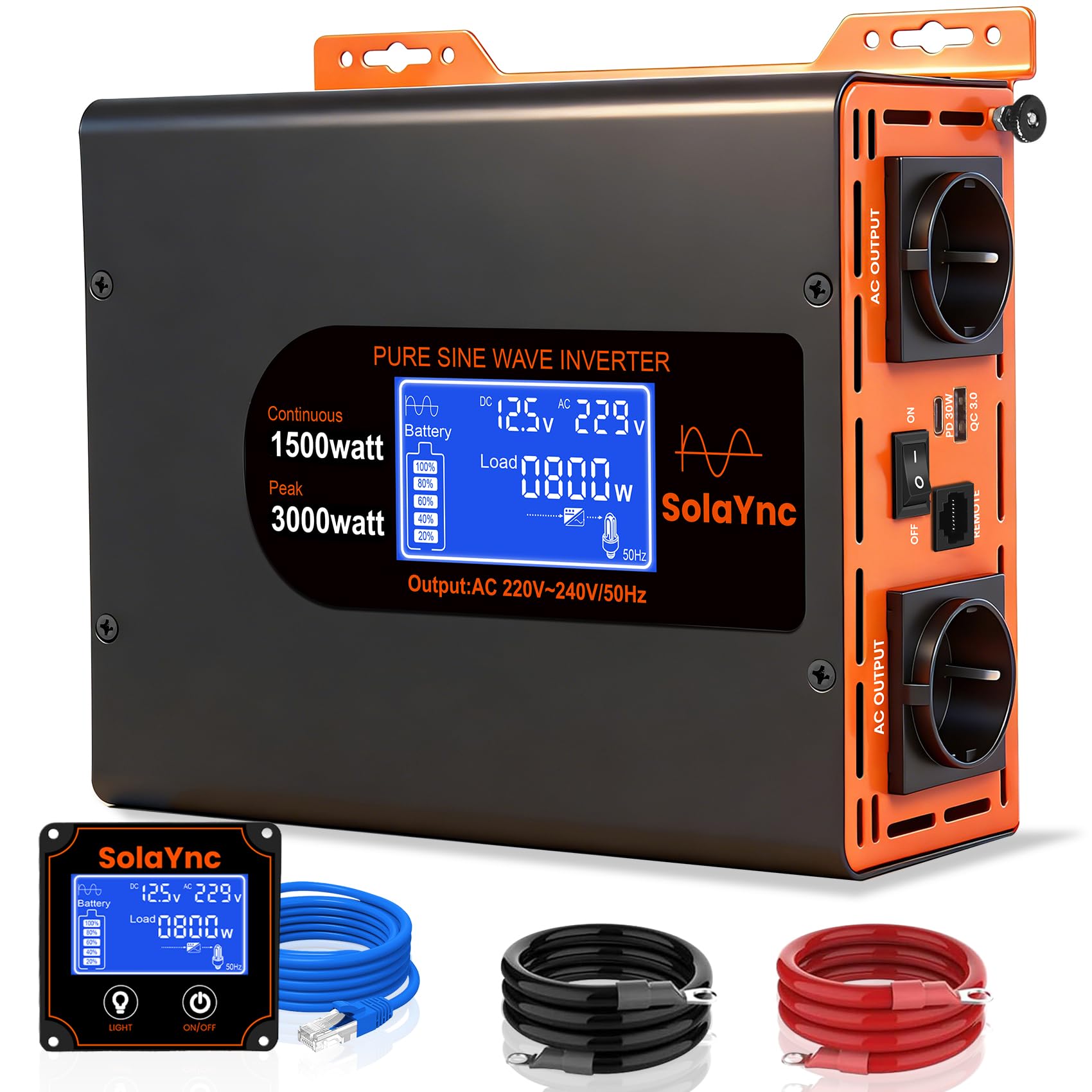 Inverter 1500W/3000W 12V 220/230V Onda Sinusoidale Pura,2 EU Presa,Porta Type-C da 30W e porta USB, telecomando LCD schermo LCD,Adatto per Elettrodomestici, Camper Campeggio