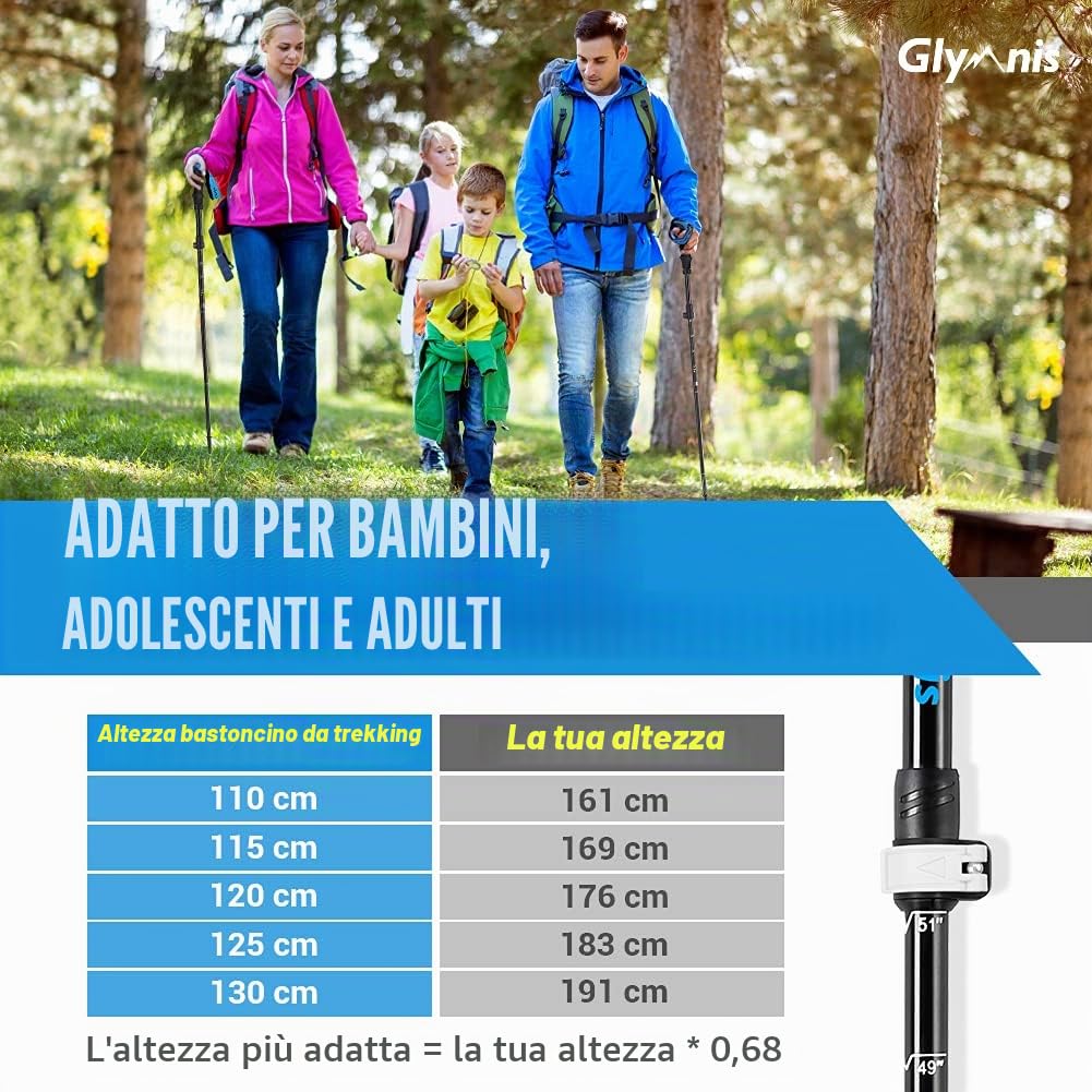 Glymnis Bastoni Trekking Bastoncini da Trekking Pieghevoli e Antiurto 110-130cm 5 Senzioni in Alluminio 7075 Impugnatura in Eva Punta in Carburo di Tungsteno Perfetti per Escursioni