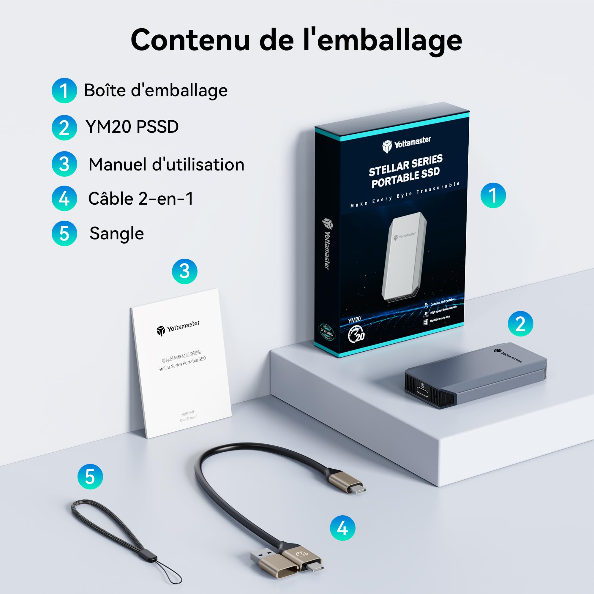 Yottamaster 1TB SSD Externe, Jusqu'à 2000MB/s USB 3.2 Gen 2 x 2, 2-en-1 câble USB-C/A avec Dragonne Prise en Charge 4K ProRes Compatible avec iPhone 17/16 Pro Max, Smartphone, Tablette, Portable