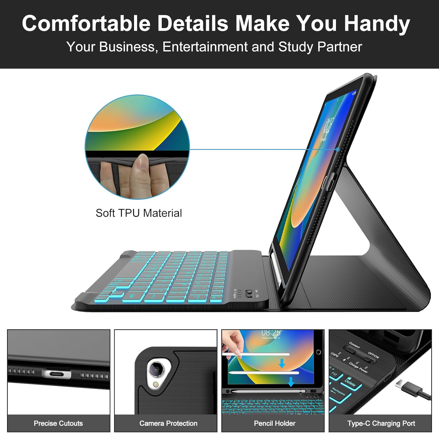 BORIYUAN iPad 10.2 inch Case with Keyboard, Detachable Bluetooth Keyboard with 7 Color Backlit, Slim Folio Smart Cover with Pencil Holder for iPad 9th/8th/7th Gen/iPad Pro 10.5/iPad Air 3rd Gen Black