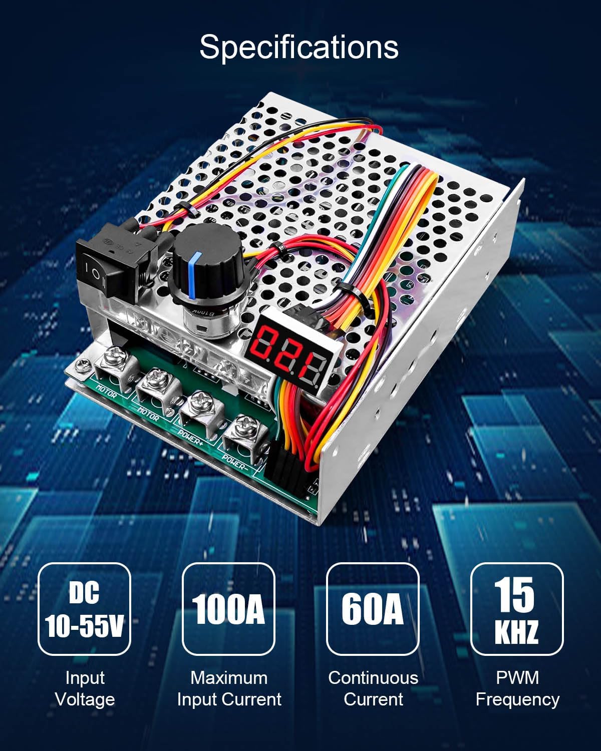 DC Motor Speed Controller Max PWM 3500W , DC 10V-55V & 100A Brush Motor LED Display Stepless Speed Controller with Forward-Brake-Reverse Switch & Ajustable Potentiometer