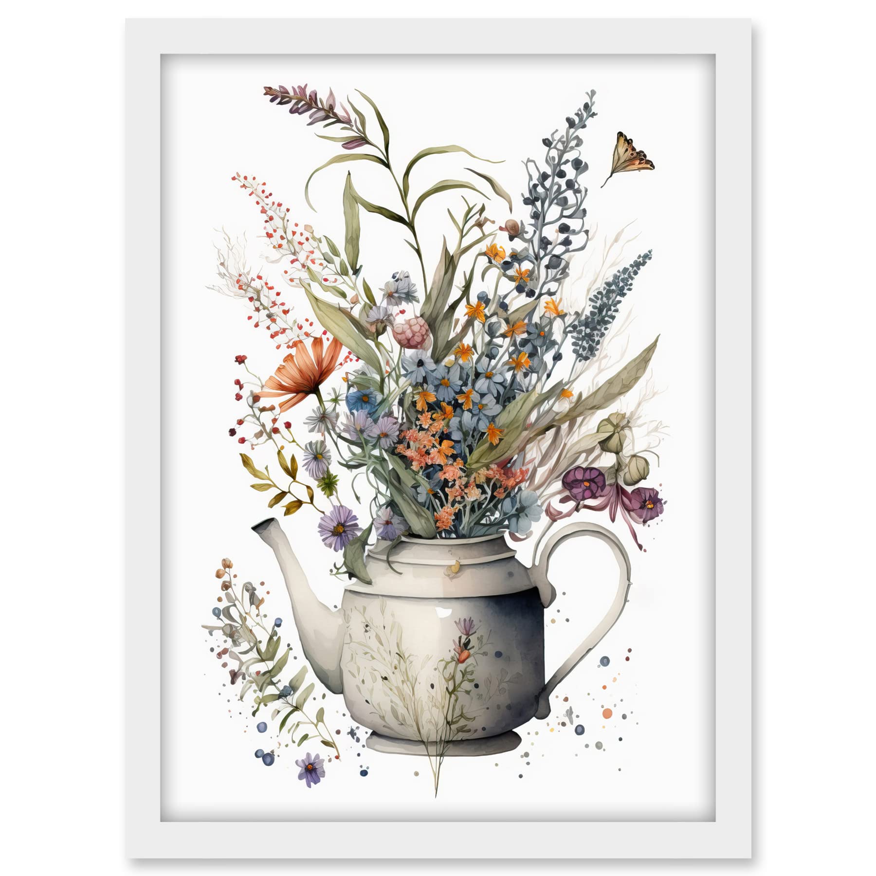 Artery8 Spring Wildflower Bouquet in White Ceramic Teapot Artwork Framed A3 Wall Art Print
