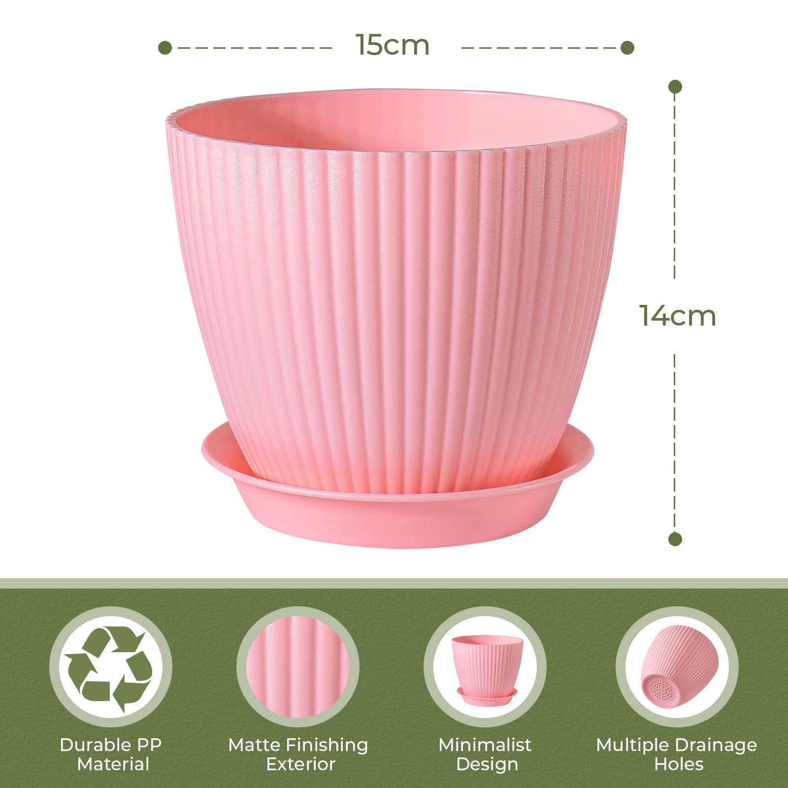 FORAGIFT 15cm Plant Pots Indoor, 6 Pack Stripe Grooves Plastic Flower Pots with Drainage Holes and Tray - Image 2