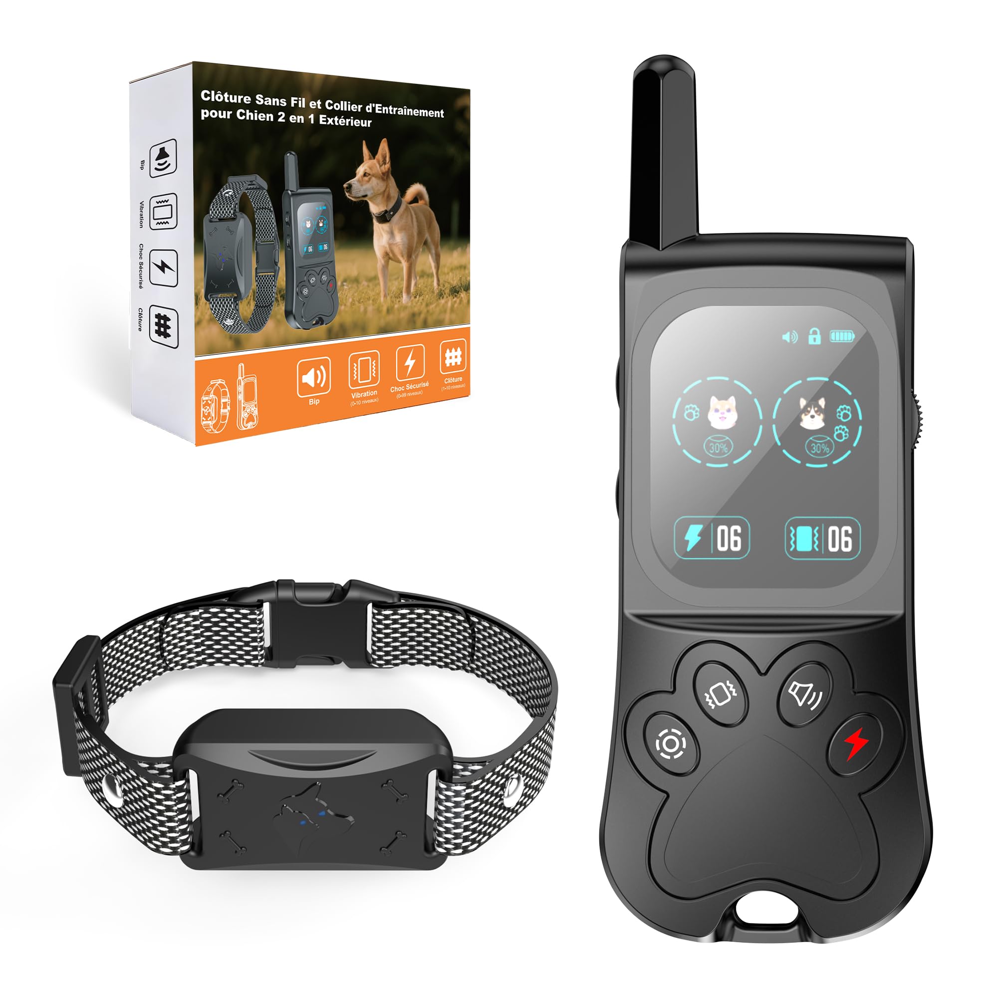 Collier de Dressage pour Chien, Collier Electrique pour IPX7 Résistant à L’Eau, 4 Modes de Dressage (Lumière, Bip, Vibration, Choc) avec Verrouillage de Sécurité, pour 1 Chien（Black）