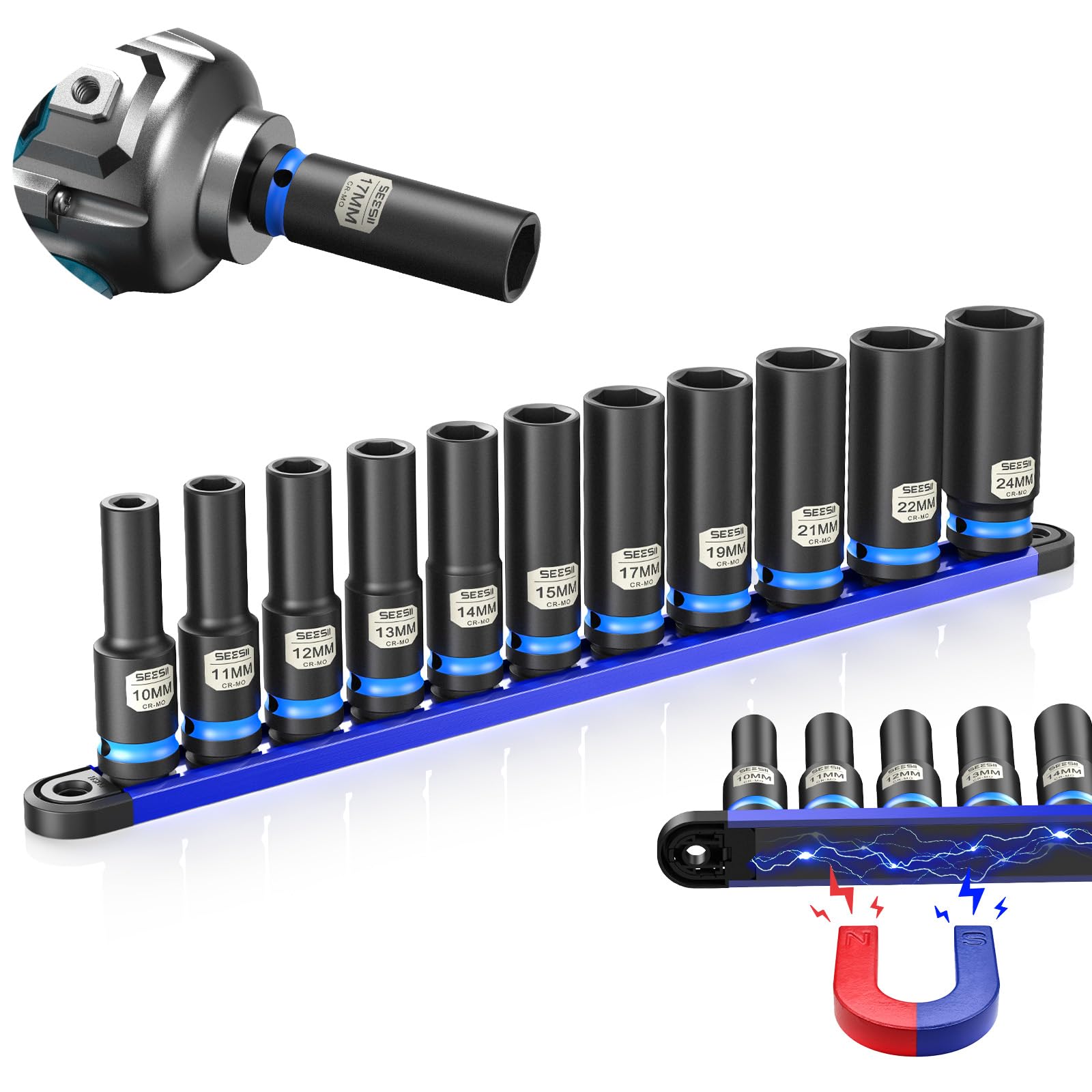 SEESII 1/2" Impact Socket Set Deep with Magnetic Rail, CR-MO 11pc Metric 10-24mm, 6-Point, Lug Nut Removal, Heavy Duty Automotive Set for Trucks SUVs Import Vehicles