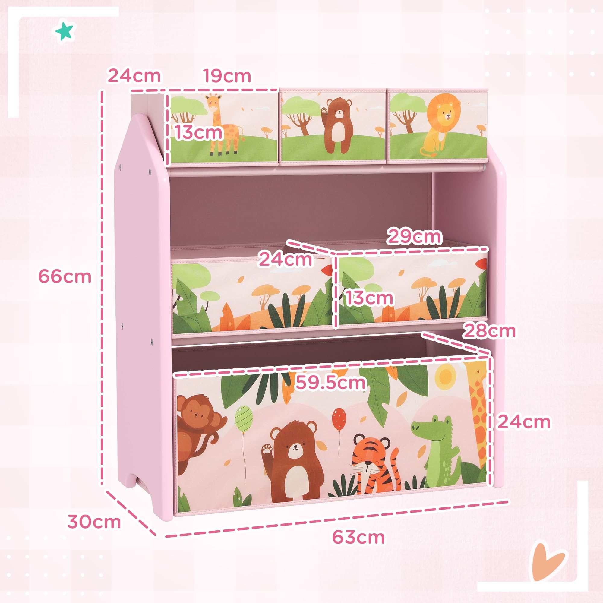 AIYAPLAY Scaffale Giocattoli Bambini 3 Ripiani Con 6 Scatole In Tessuto - Libreria A Tema Cartoni Per Camera Da Letto E Stanza Giochi - Verde