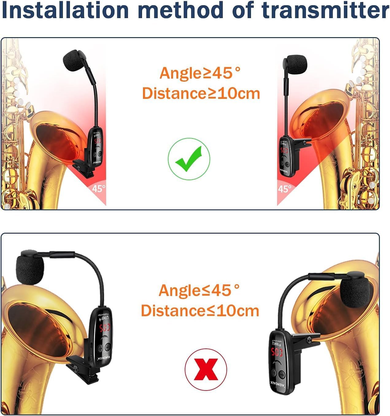 XIAOKOA Wireless Microphone for Saxophone, UHF Wireless Microphone for Musical Instruments, Wireless Receiver and Transmitter for Saxophone/Trumpet/Trombone/Clarinet