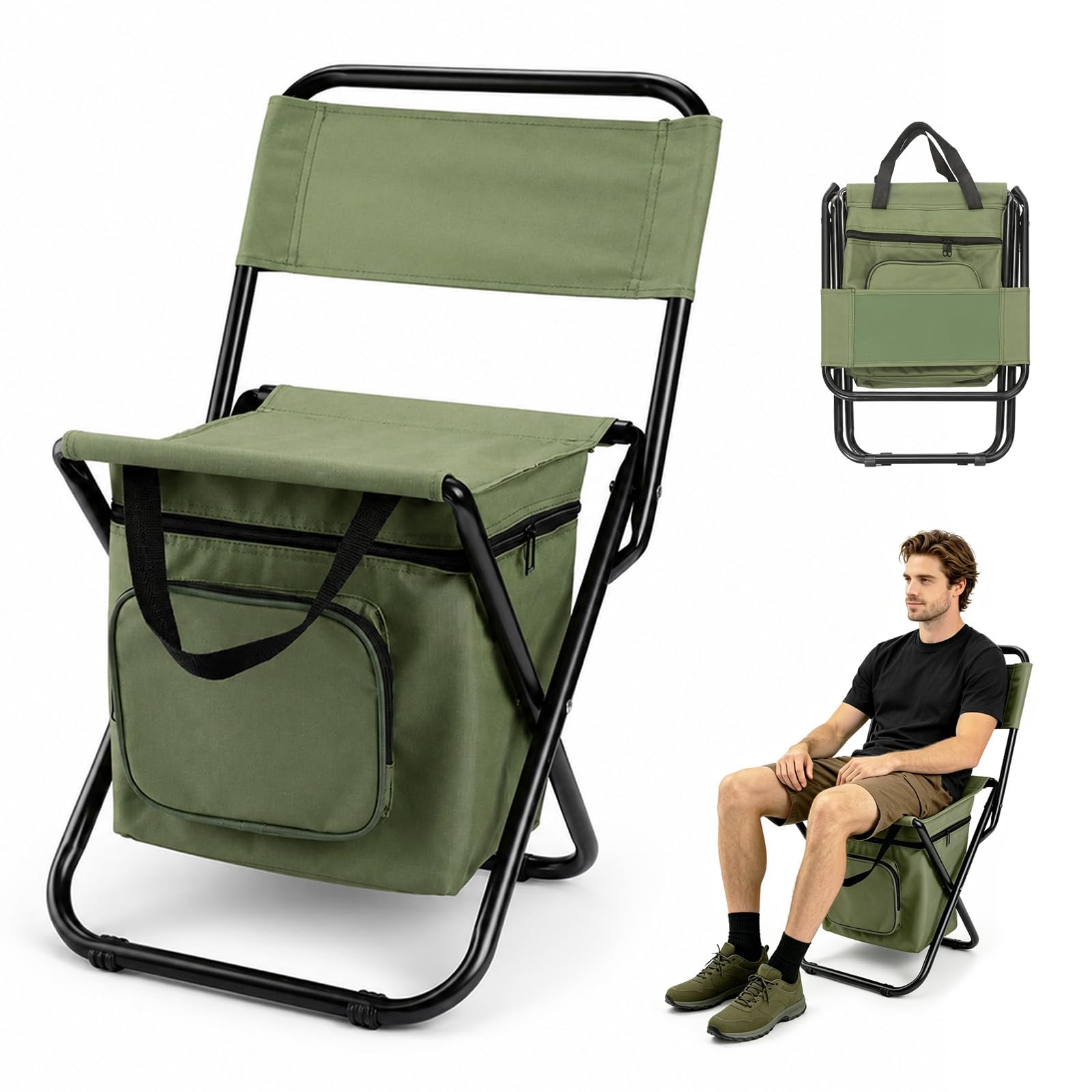 Klapphocker Faltbar,Tragbarer Klappstuhl for Den Außenbereich,Campingstuhl Anglerstuhl,Aufbewahrungstasche mit Kühlfach,Leichter Angelhocker für Wandern, Angeln und Draussen