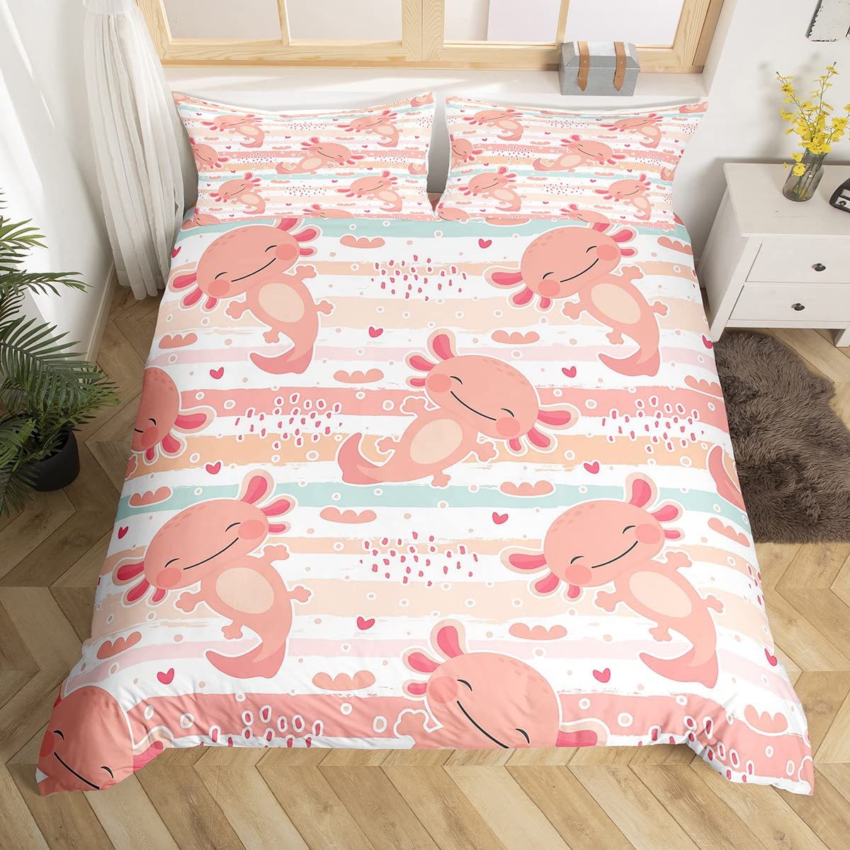 Cute Axolotls Kids Duvet Cover Set 135 x 200 cm, Rainbow Stripes Bedding Set,Girls Boys Adults Room Decor,Pink Romantic Soft Comforter Cover,Sea Animals Cartoon Axolotl Quilt Cover,1 Pillowcase