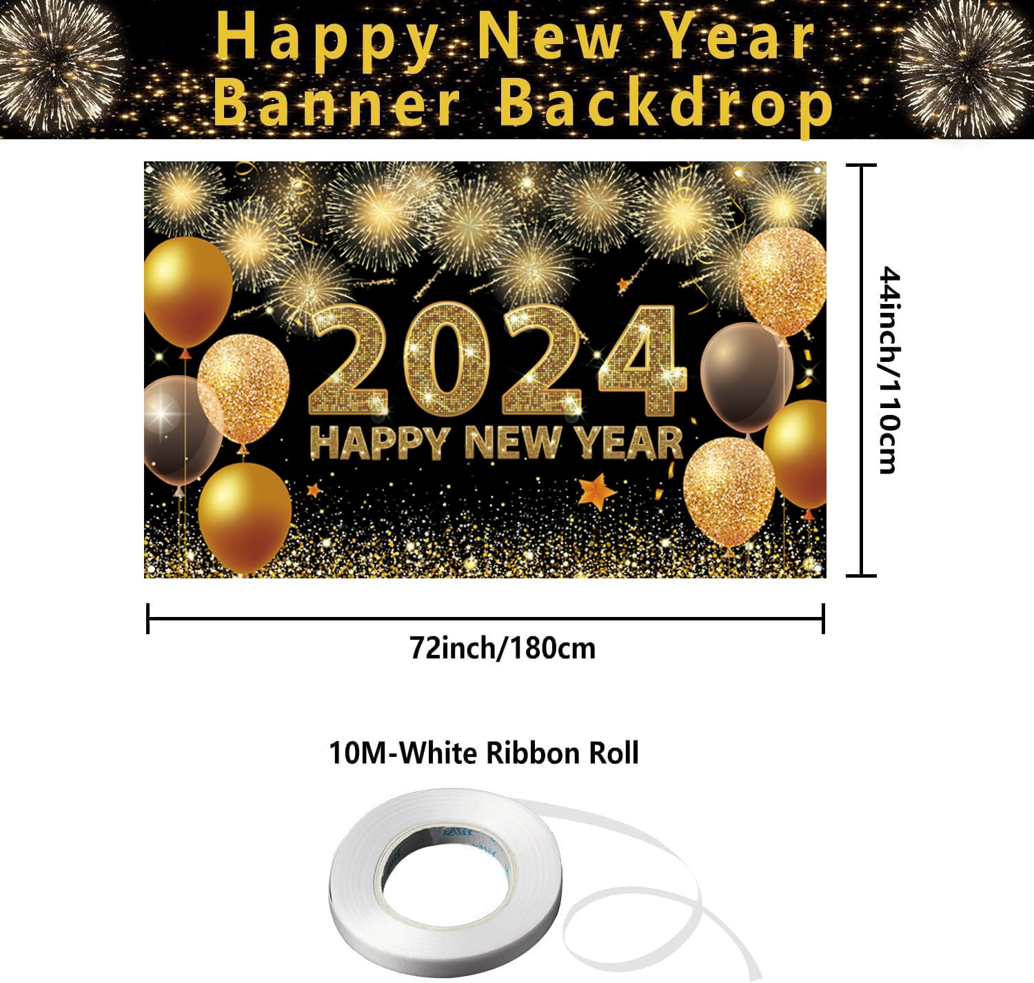 Happy New Year Banner 2024 Extra Large 73×43 Inch, Black and Gold Happy ...