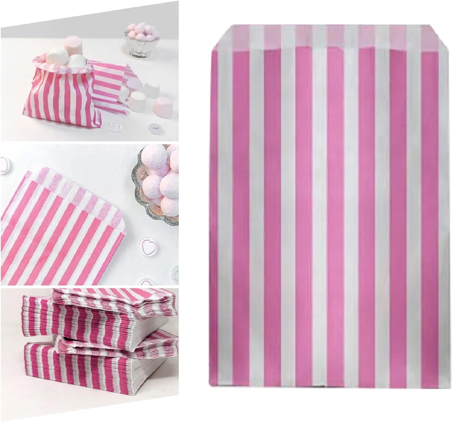 Tezraftaar® 500 x Striped Candy Paper Bags 5" x 7" Sweet Wedding Buffet Party Favour Treat Cake Dessert Pick n Mix Bag (Pink)