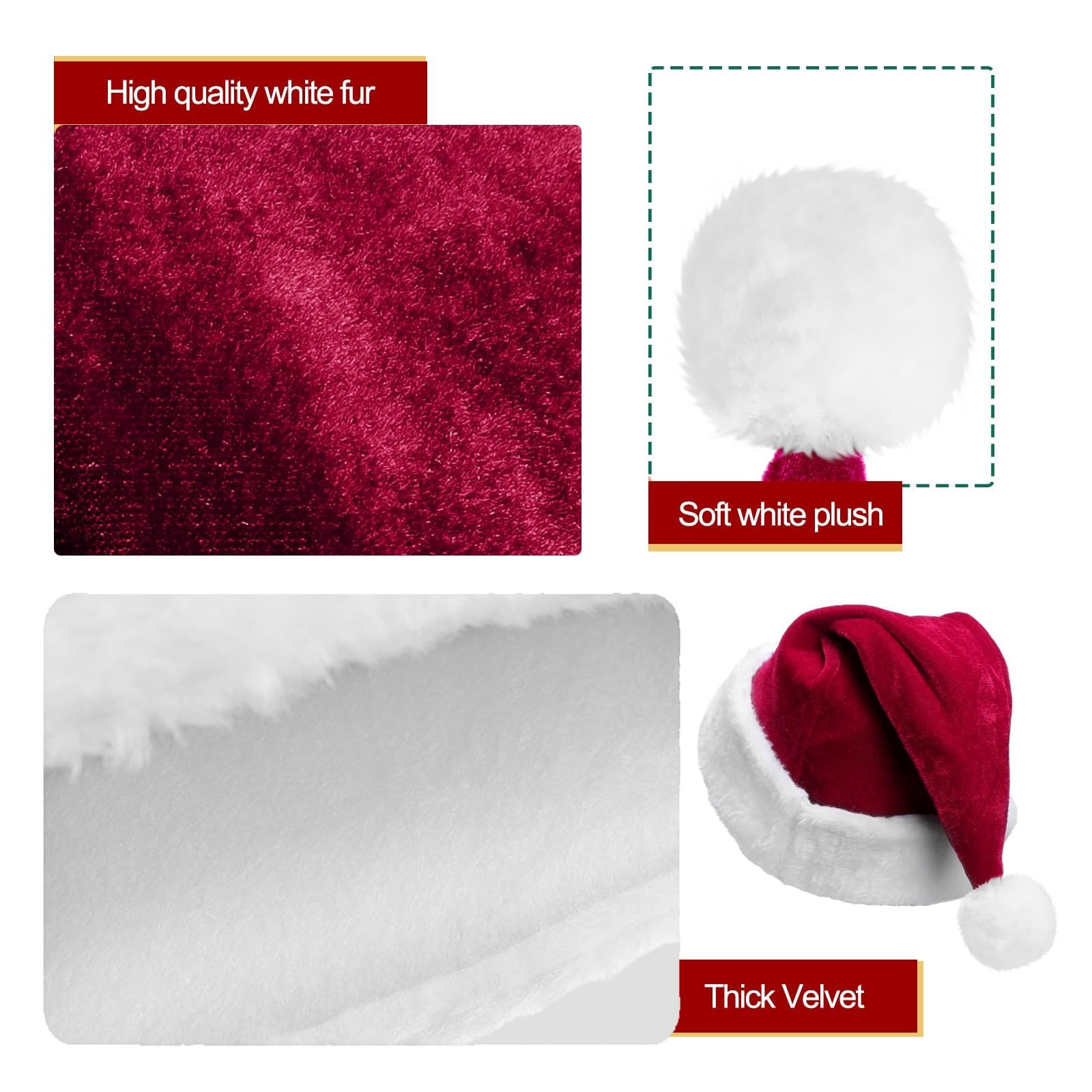 4 sombreros de Navidad para adultos, sombrero de Papá Noel con ala de felpa, sombreros de Navidad de terciopelo grueso para mujeres y hombres, accesorio de fiesta de vacaciones