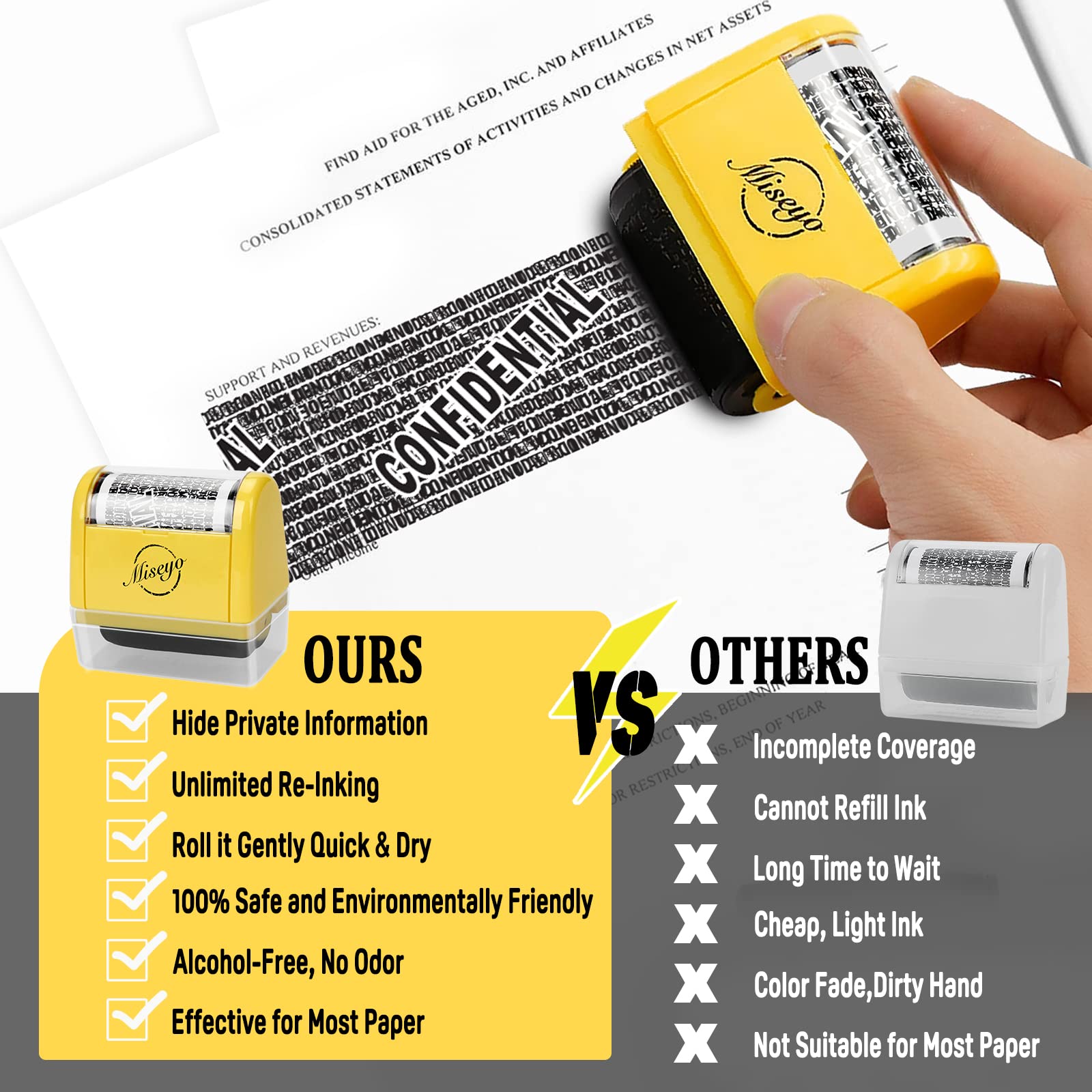 Miseyo Juego de sellos de rodillo de protección contra robo de identidad, color amarillo (6 recambios de tinta incluidos)