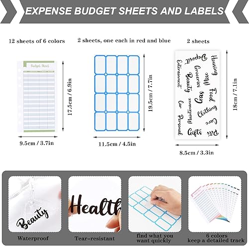 Miniatura 7 de Carpeta A6, cubierta de cuaderno de piel sintética suave con 16 bolsillos, 12 hojas de presupuesto, 4 etiquetas adhesivas de letras (gris)