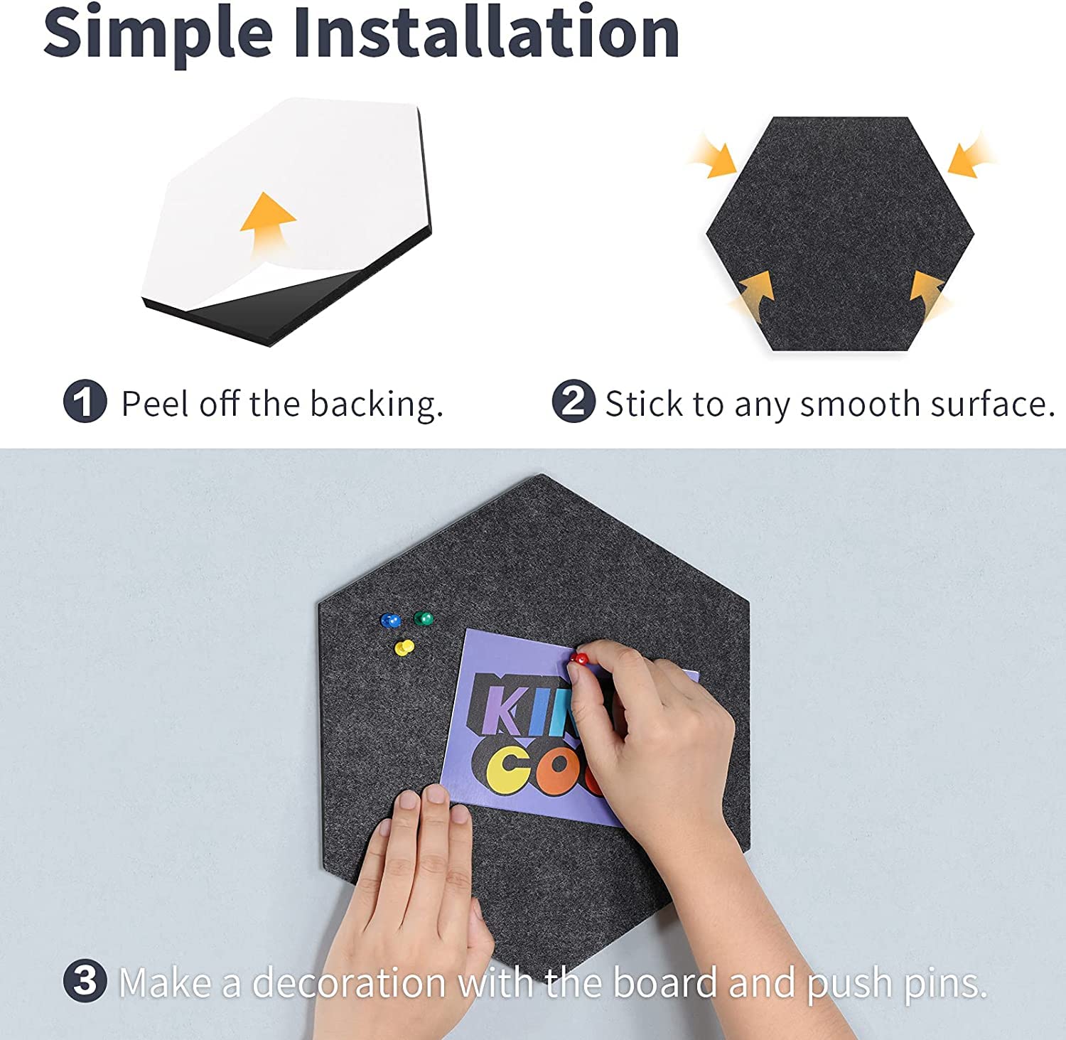Tablones de anuncios de fieltro hexagonal, tablones de anuncios de fotos, tableros de notas autoadhesivos con pasadores para pared, oficina, aula, decoración del hogar, 6 piezas (negro)