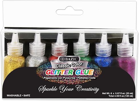 BAZIC Products Glitter Glue Tube 6 Assorted Classic Color, Non-Toxic Washable Glitter Glue for Art, Crafts, Paints, DIY, and Party Projects, 120ml/Pack, 1-Pack