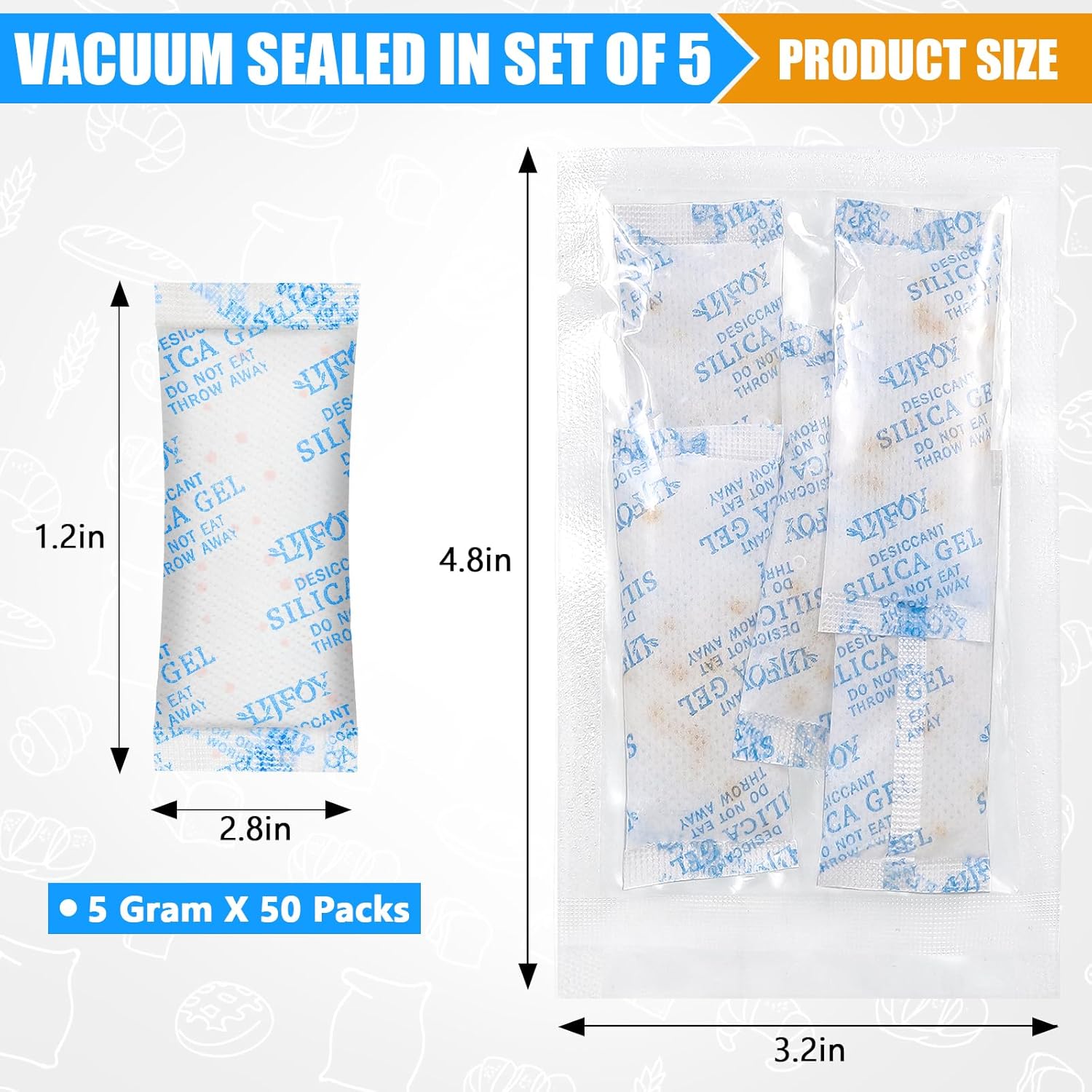 5 Gram [50 Packets] Food Grade Silica Gel Packets, Rechargeable Desiccant Packs with Color Indicating Beads, Moisture Absorbers for Moisture Control - Protects Items from Moisture Damage