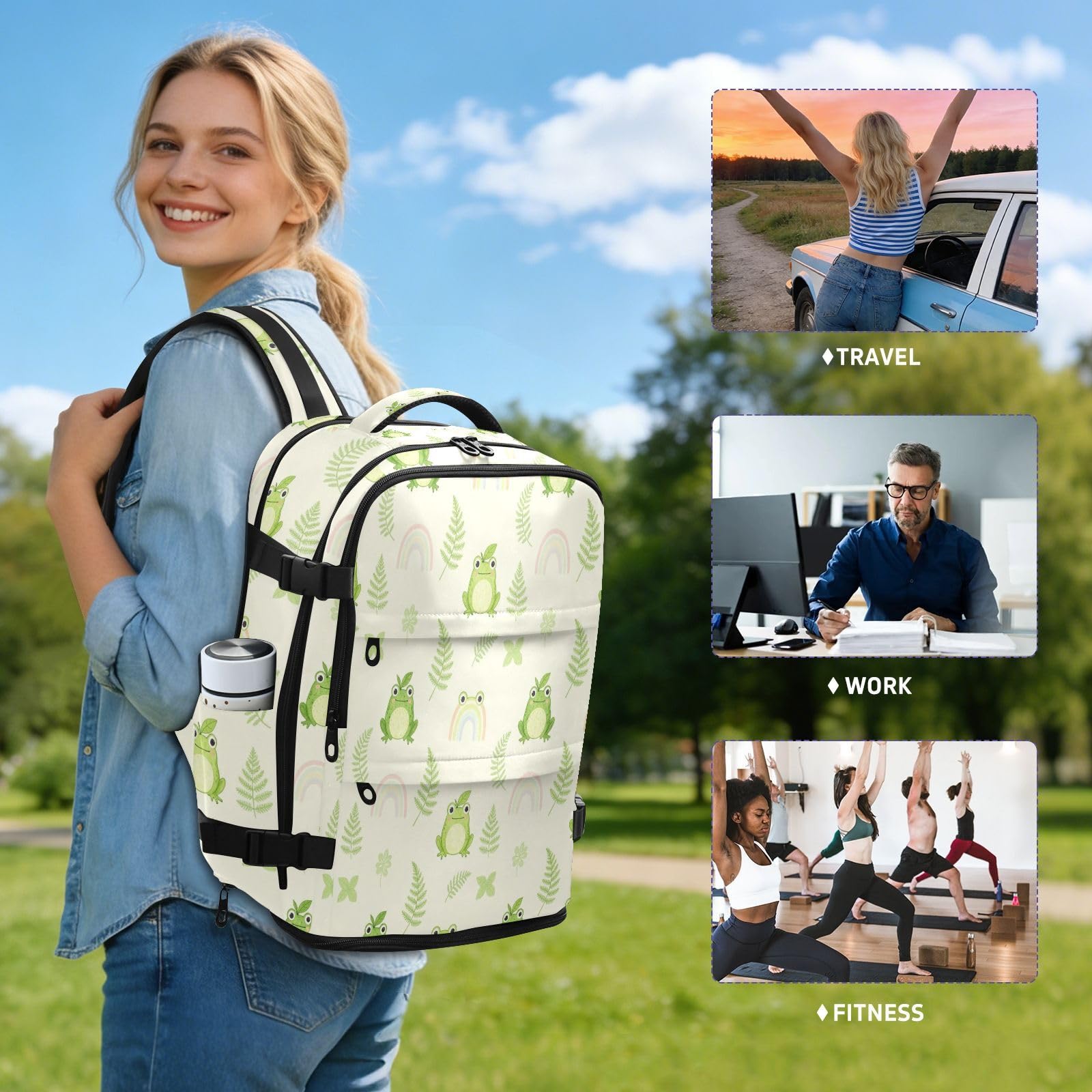 Plecak torba na laptopa niezbędnik podróżny do samolotów 20 l | Stylowa torba na laptopa urocza zielona żaba liść tęcza 15,6 cala torba na laptopa do samolotów mochila para mujer 20L