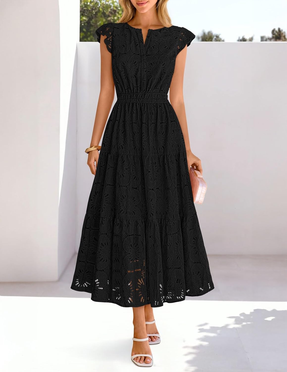 MEROKEETY Women's Summer Lace Eyelet Maxi Dress 2026 Spring Casual Boho Flutter Sleeve Tiered Flowy Beach Vacation Dresses - Image 8