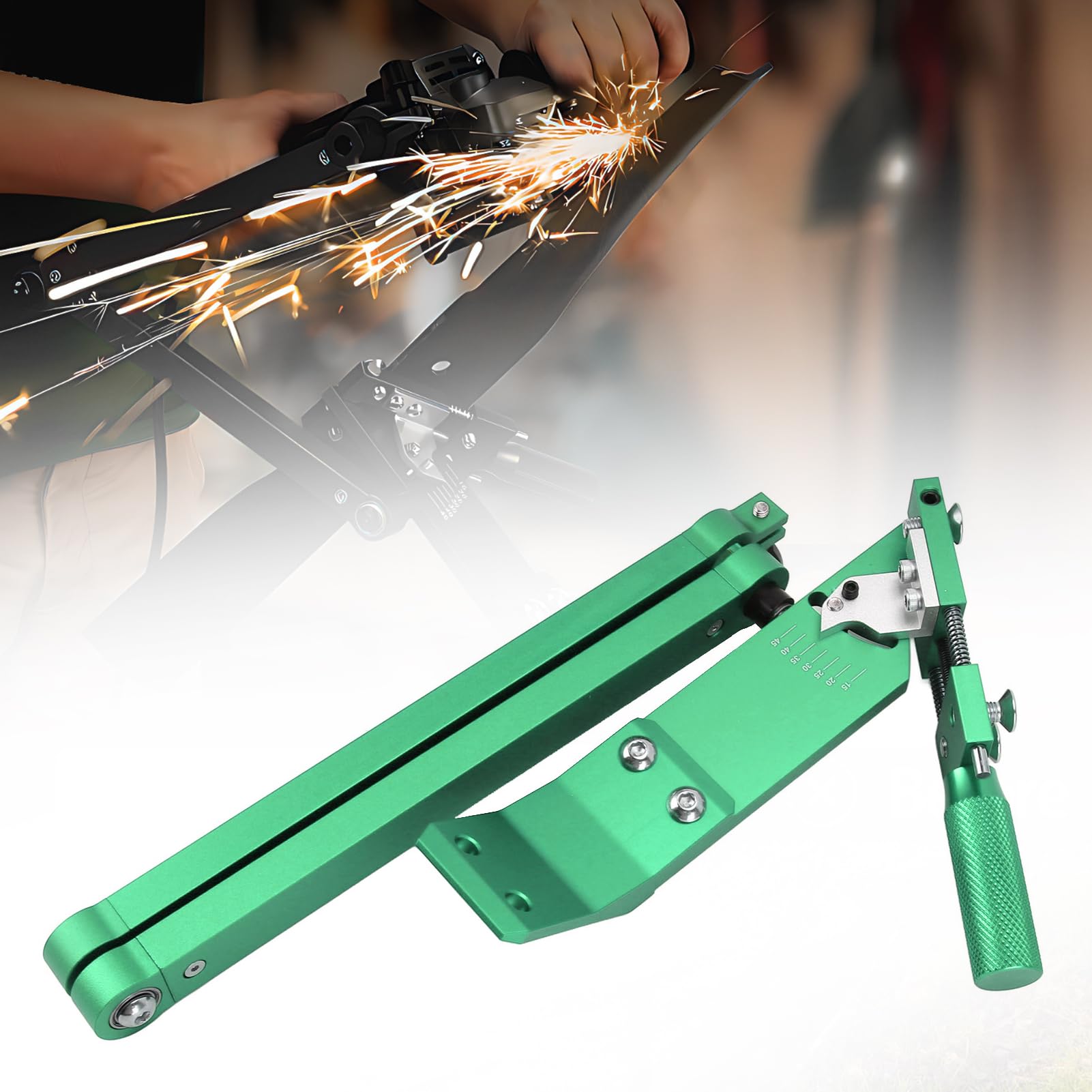 Afilador de Cuchillas para Cortacésped, Herramienta Ajustable para Afilar Cuchillas para Cortacésped, Diseño Recto de Aleación de Zinc con ángulo de 15 a 45 Grados, para Propietarios y (GREEN)
