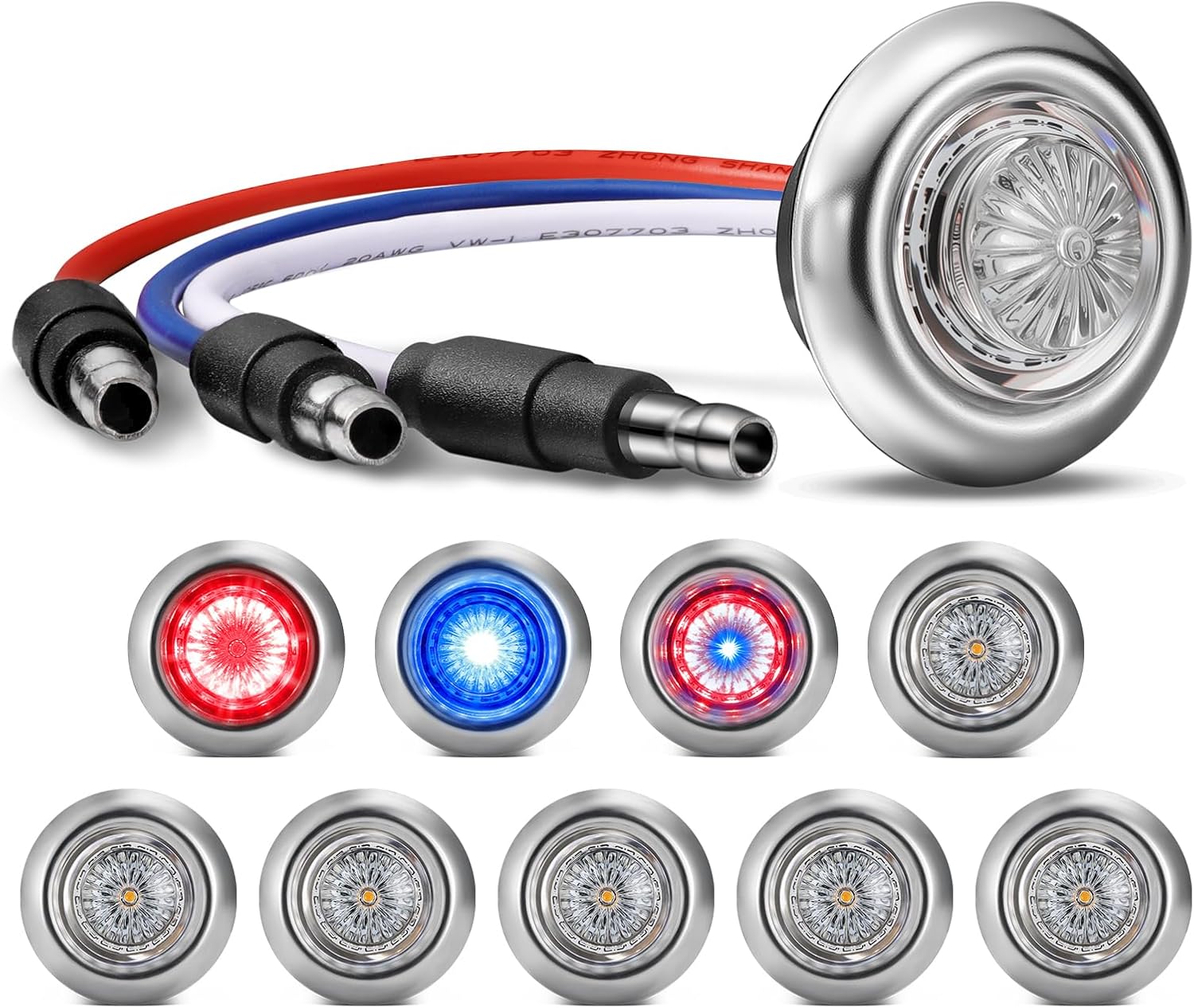 Partsam 10Pcs 3/4 Inch Red to Blue Led Side Marker Lights with Trim Ring Bezel, Clear Lens Clearance Auxiliary Bullet Lights Indicator Penny Light for Trailer Truck RV Bus Waterproof