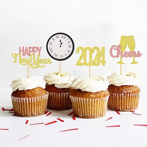 Miniatura 10 de Keaziu 24 adornos para cupcakes de Año Nuevo, bienvenida, fuegos artificiales, copas para magdalenas para felicitaciones 2024, feliz Año Nuevo,