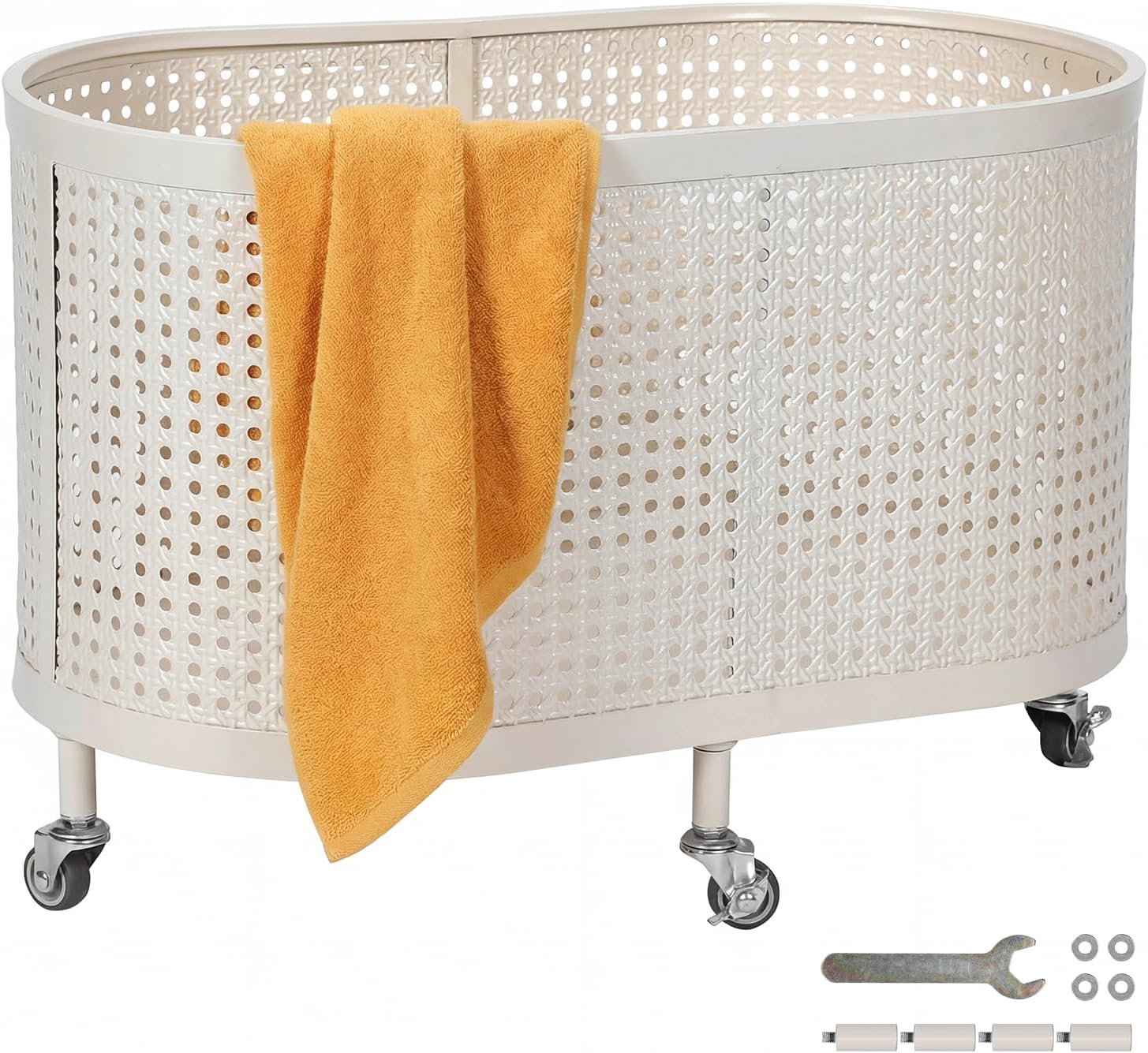 Metal Baking Varnish Laundry Basket Oval Mobile Iron Clothes Basket Overnight Clothes Storage Bin for Laundry Room (White)