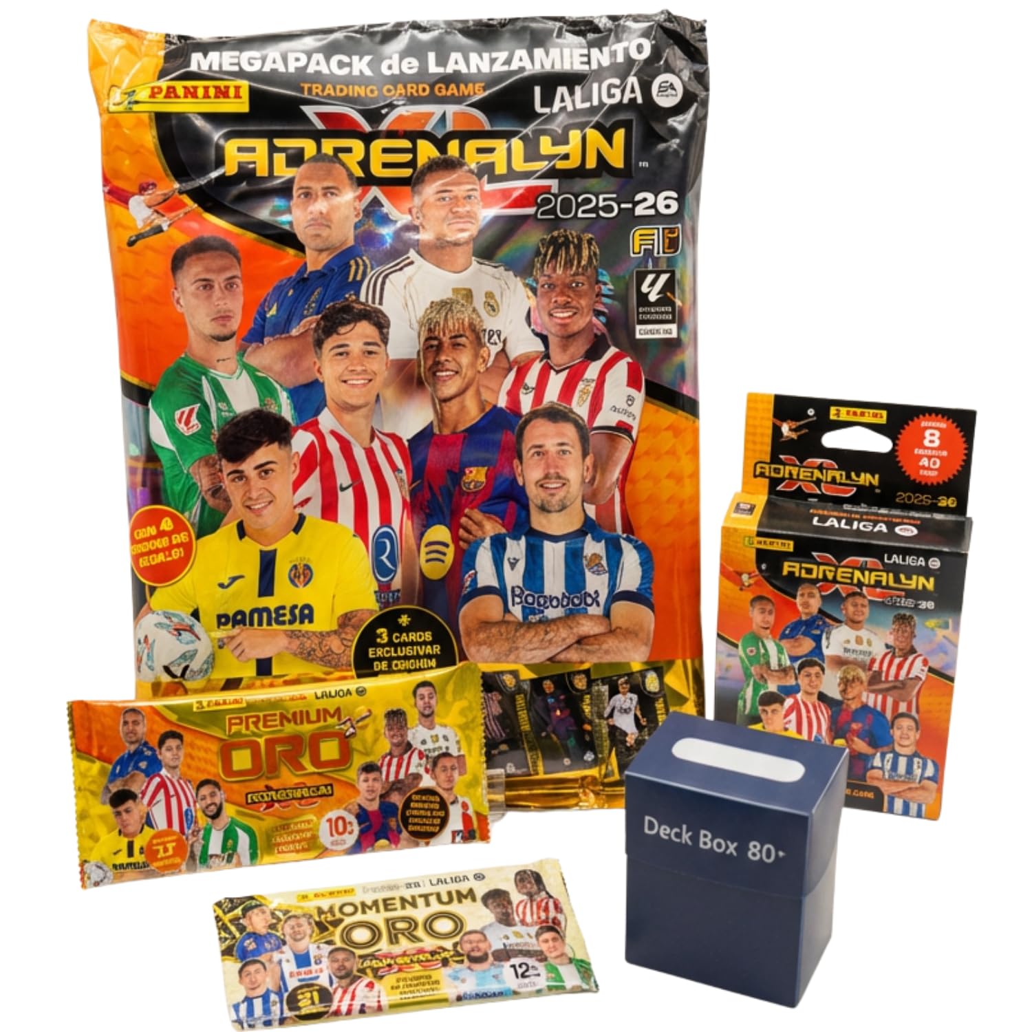 Panini Adrenalyn XL 2025-26 LaLiga, Megapack de Inicio con sobre Oro Momentum, sobre Premium Oro, Blíster con 8 Sobres y Deckbox