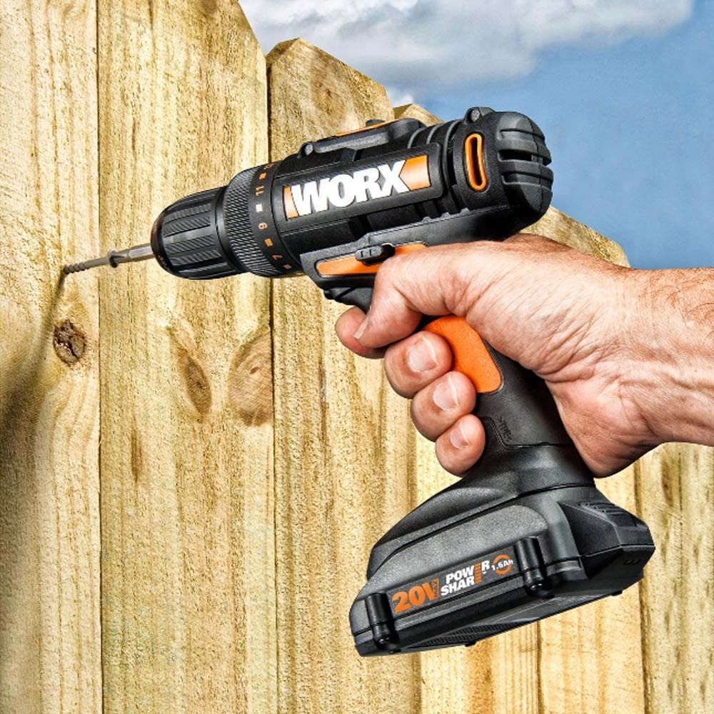 Worx WX101.1 -Trapano avvitatore a batteria, 20 V di potenza, per forare e avvitare, con 2 batterie agli ioni di litio, caricatore e valigetta