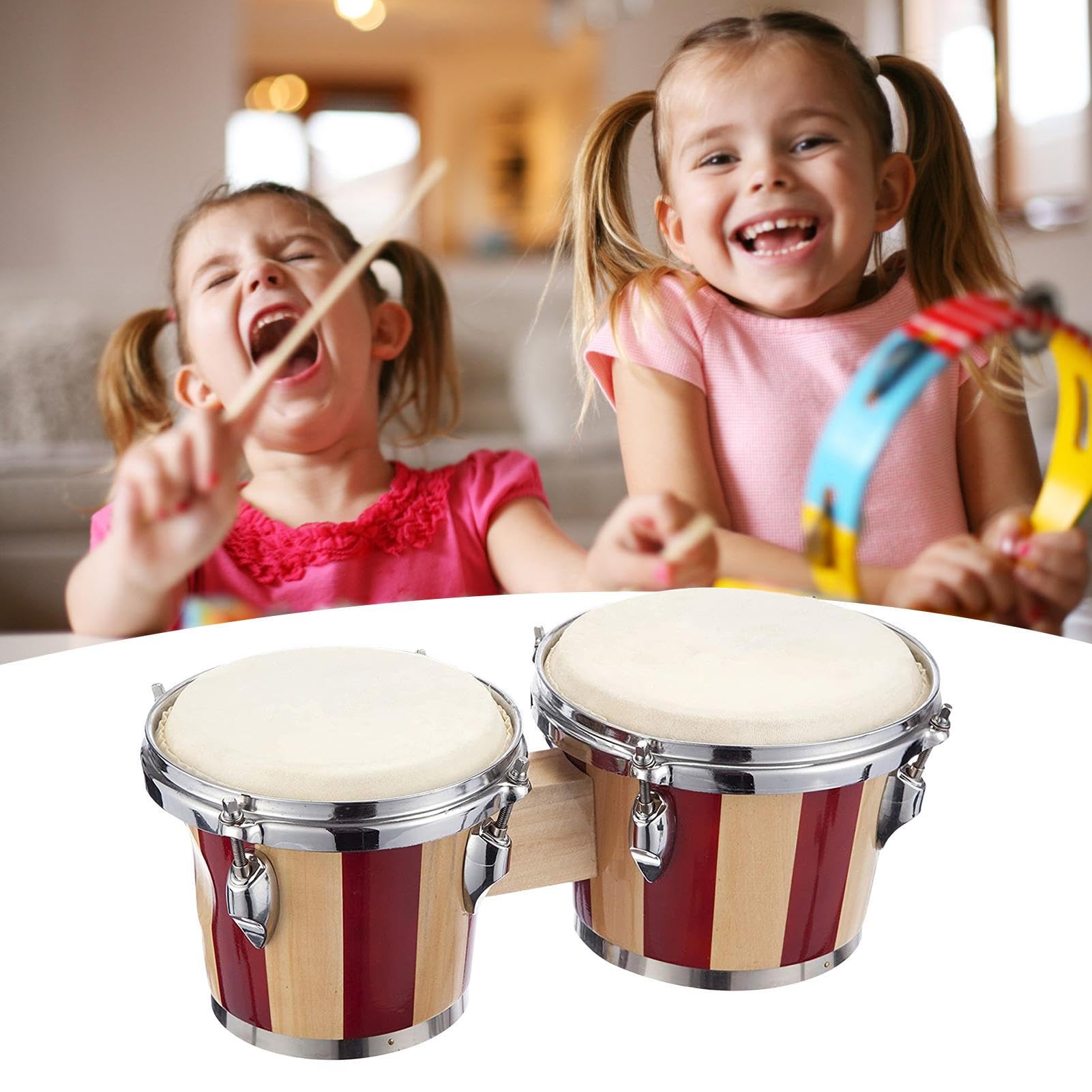 Bongó para niños Tambor Educativo de Percusión de Madera | Bongos de Madera para Ritmo y Aprendizaje Musical Pequeño ligero portátil rítmico educativo juego bongó percusión familiar