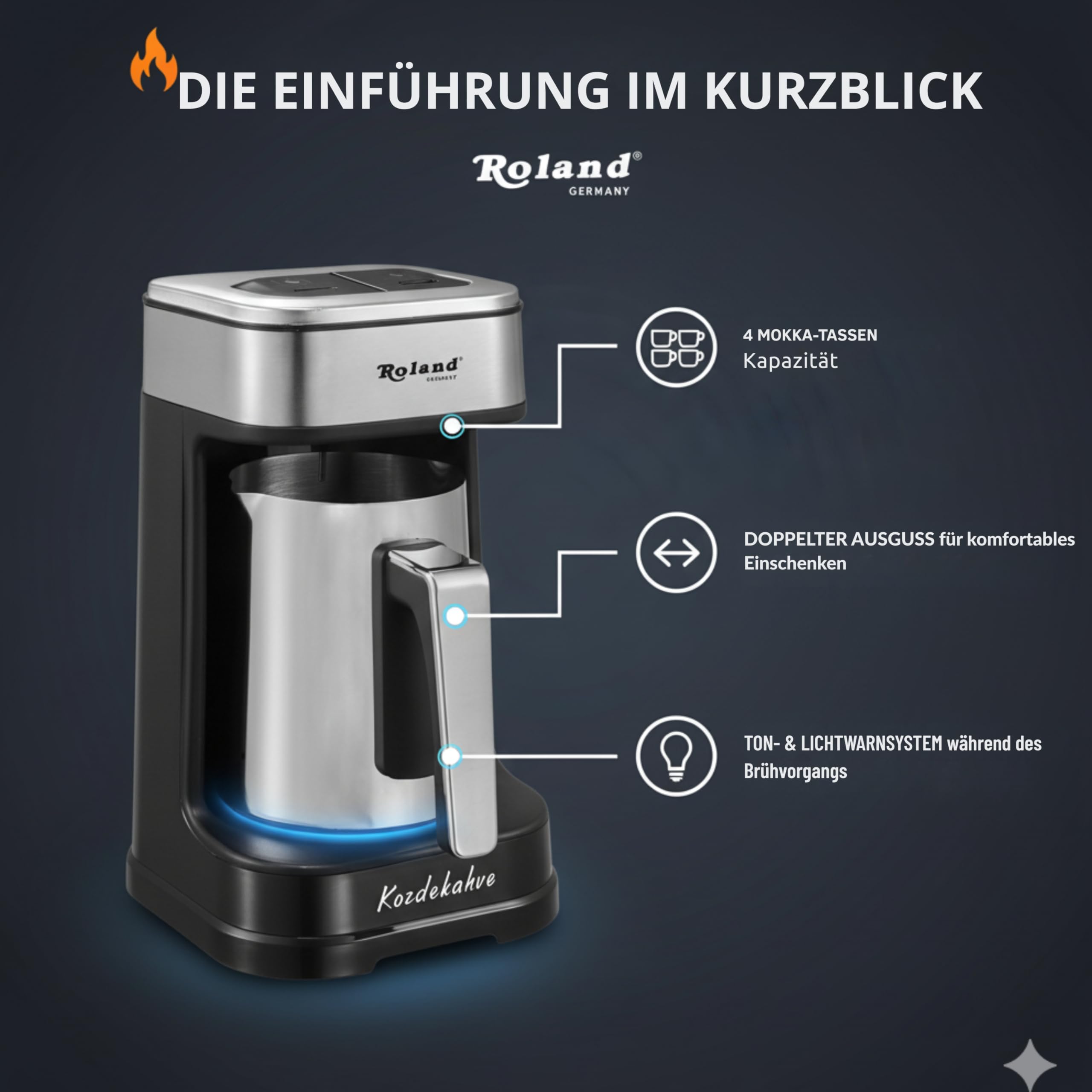 Türkische Kaffeemaschine, 600W, Kaffeekanne, Slow COOK Technologie, 4 Tassen Kapazität, mit Kaffeemesslöffel, Doppelter Ausguss, Ton- und Lichtwarnsystem (1, Silber)