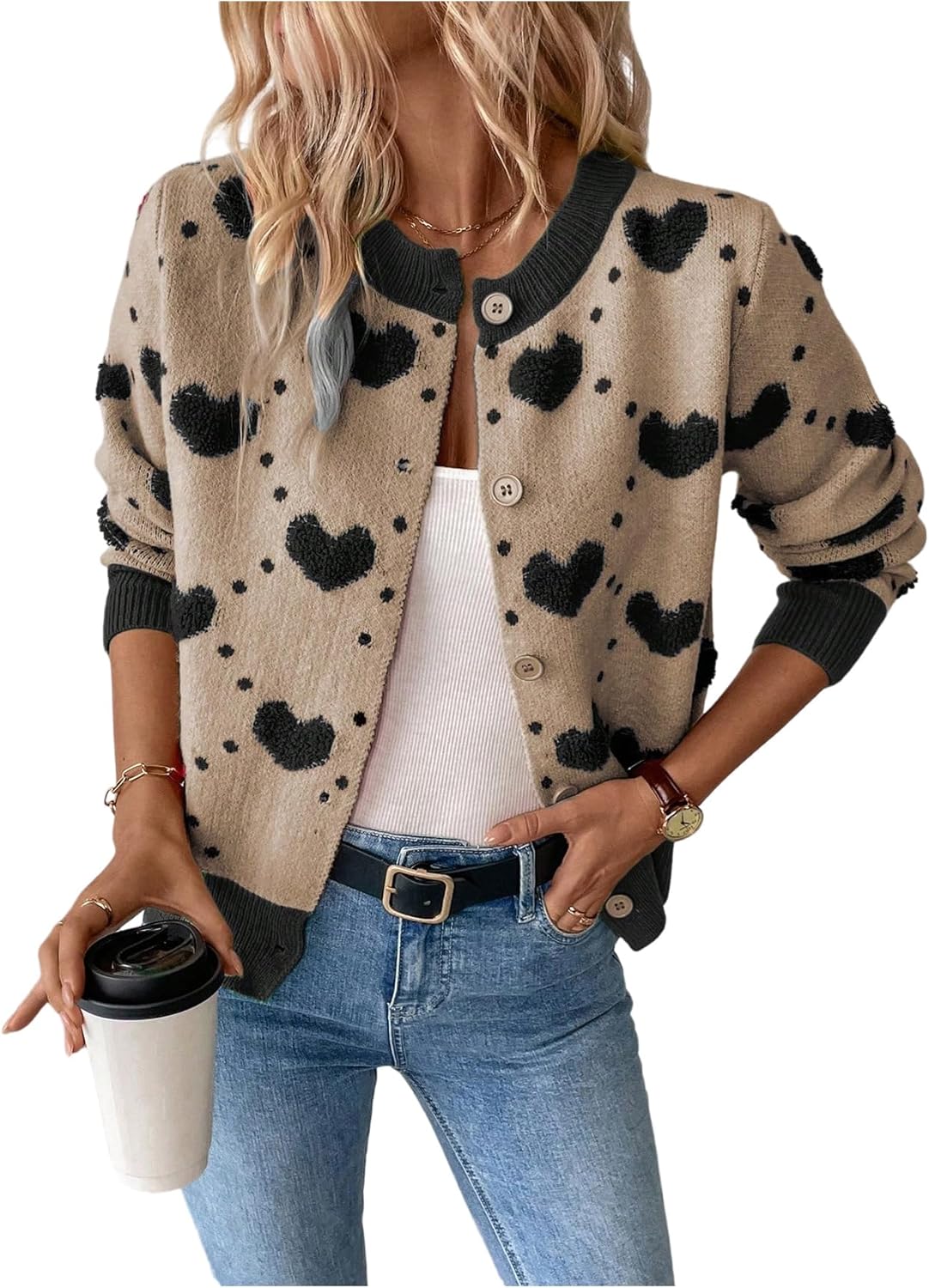 GORGLITTER Women's Heart Long Sleeve Button Down Cardigan Sweater Fall Trendy Dressy Color Block Knit Short Cardigans