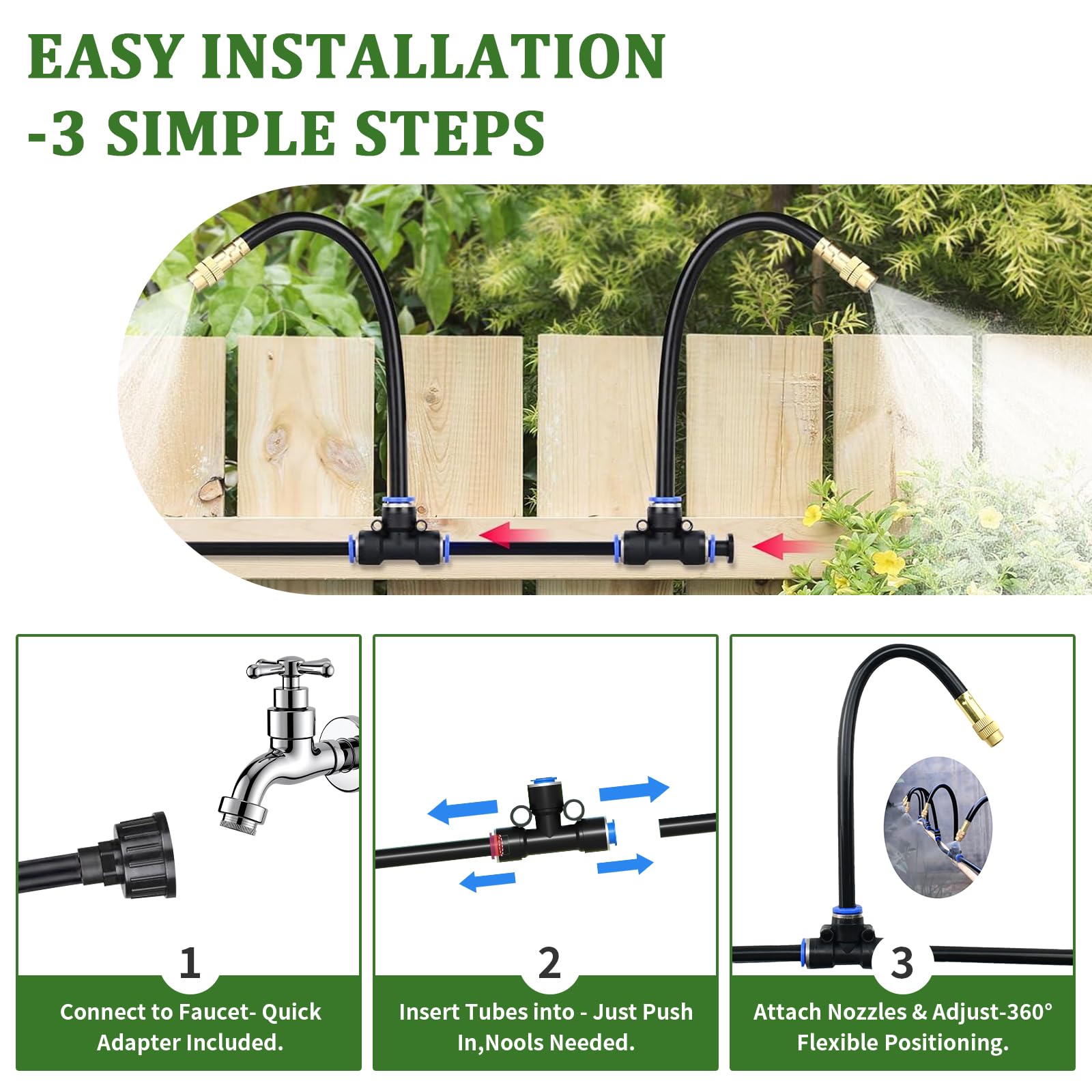 Sistema de riego por goteo de 100 pies de 1/4 pulgadas – Kit de riego por goteo y kit de riego de jardín con 16 boquillas de cobre ajustables de 360°, spray automático de niebla para camas