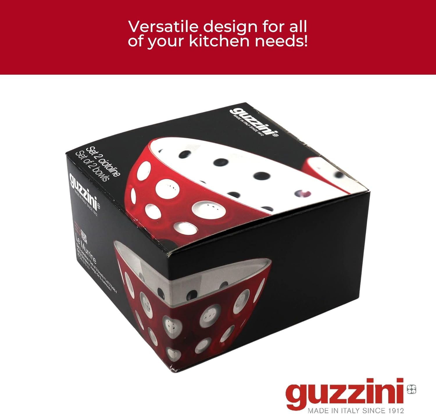 Guzzini Le Murrine 4.7" Bowl (Set of 2) - Red & White - 3 Color Technology, Chip Resistant & Unbreakable, Reusable, BPA-Free, Cereal, Soup, Fruits - Mixing Bowl for Kitchen Ingredients