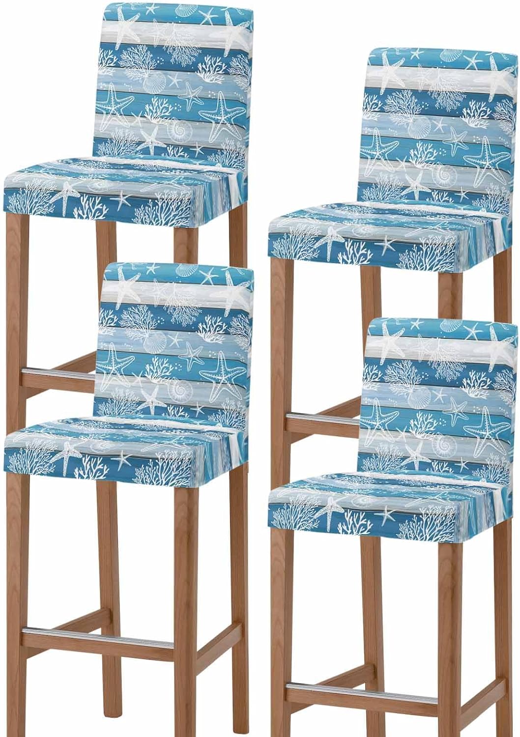Blue Coastal Beach Bar Stool Covers Set of 4, Nautical Starfish Coral Vintage Wooden Stretch Washable Bar Chair Covers with Backs, Removable Pub Counter Height Chair Cover for Kitchen Dining Room Cafe