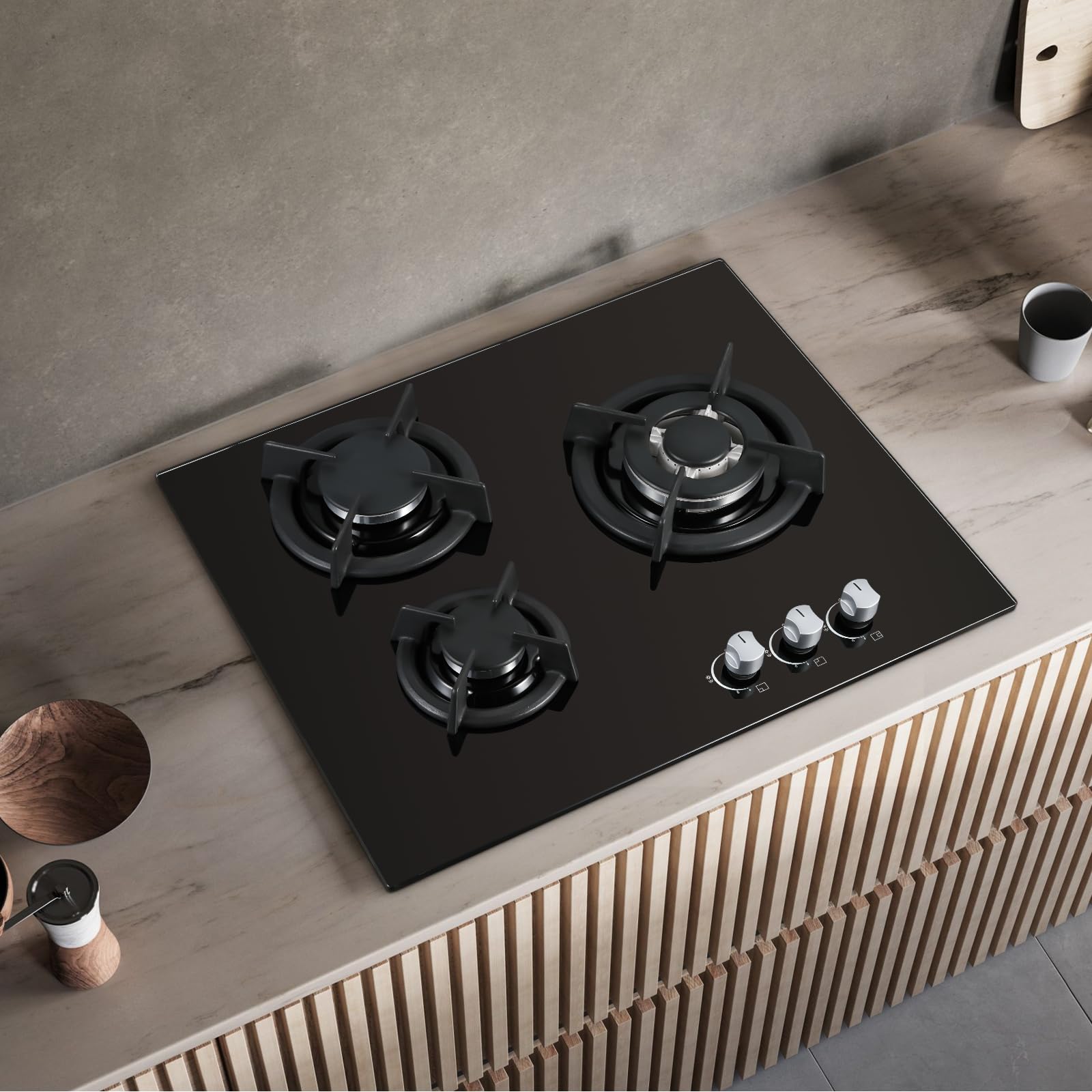 SNDOAS Piano Cottura Gas, Piano Cottura 3 Fuochi Gas Vetro con Protezione Automatica Della Fiamma, Gas Naturale e Gas Propano, Incorporato, Nero, 6180 W, 220-240 V