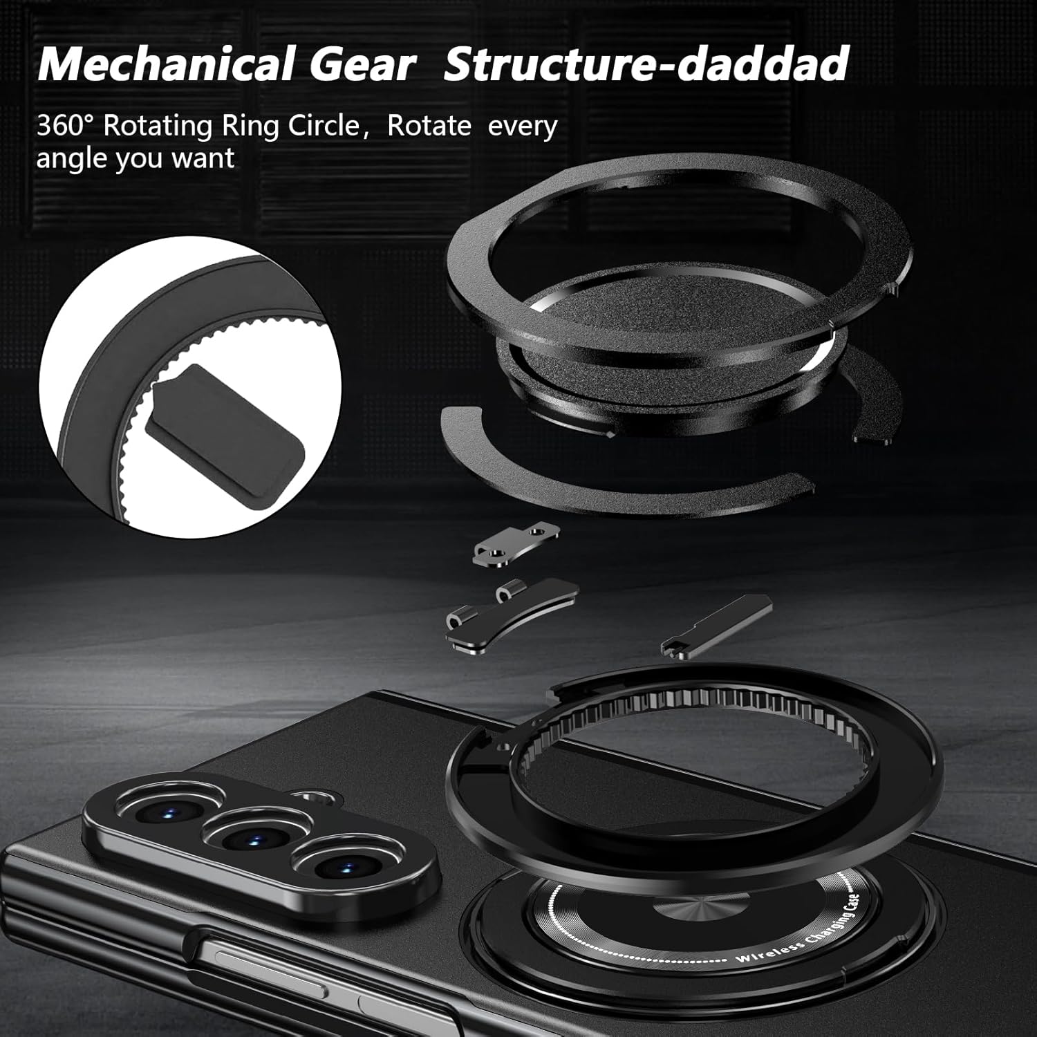 for Samsung Galaxy Z Fold 7 Case with Magnetic Ring Holder, 360 Rotating Bracket, Hinge Protection and Built-in Front Screen Protector, Slim Anti-Drop Shockproof Case.-Black