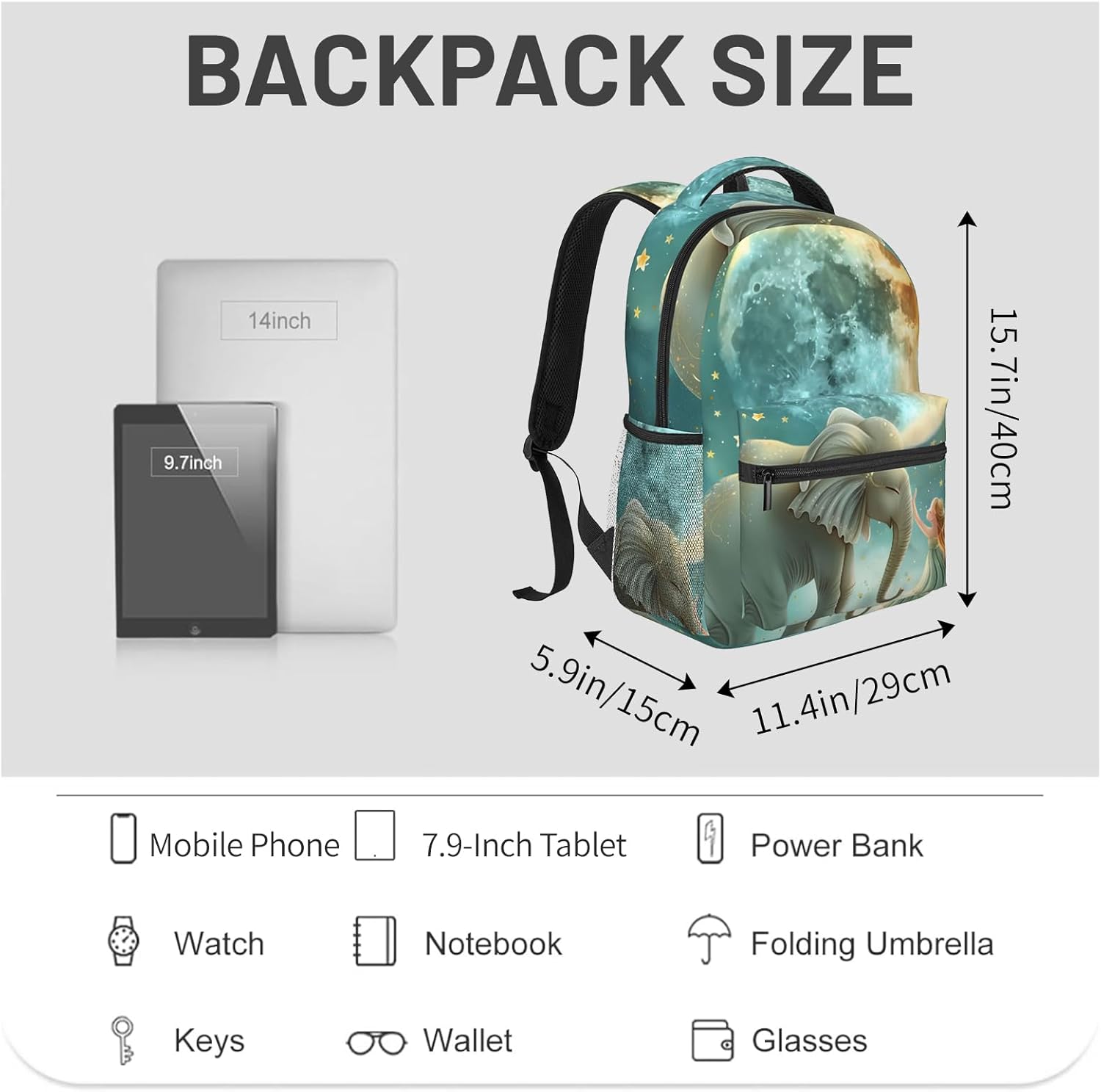 Elephant Backpack Gifts for Girls Boys Kids Teens, Travel Backpacks Laptop Rucksack, Bookbag, Elephant & Fairy Moonlit Back Pack Accessories Bags for School, Work, Outdoor Adventures