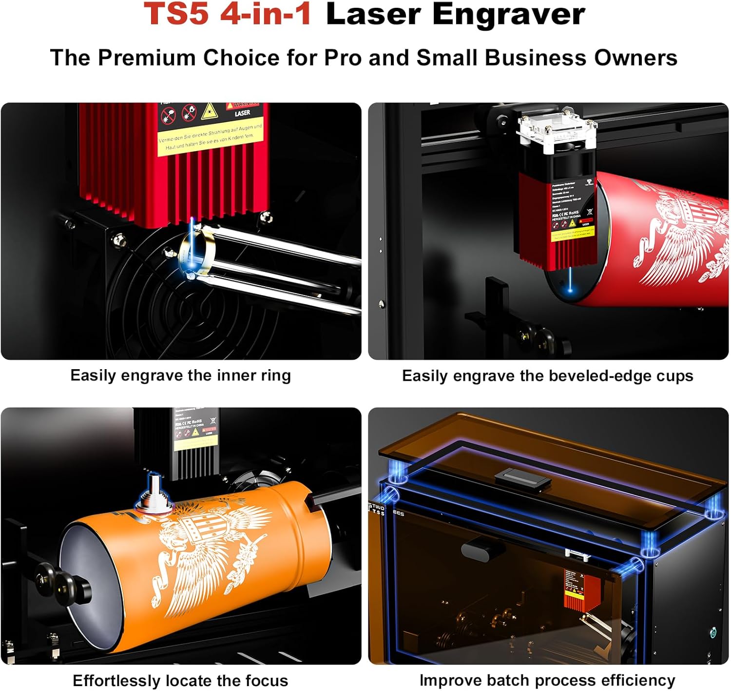 Close-up images showing how to engrave inner rings, beveled cups, effortlessly locate focus, and improve batch process efficiency with the Twotrees TS5