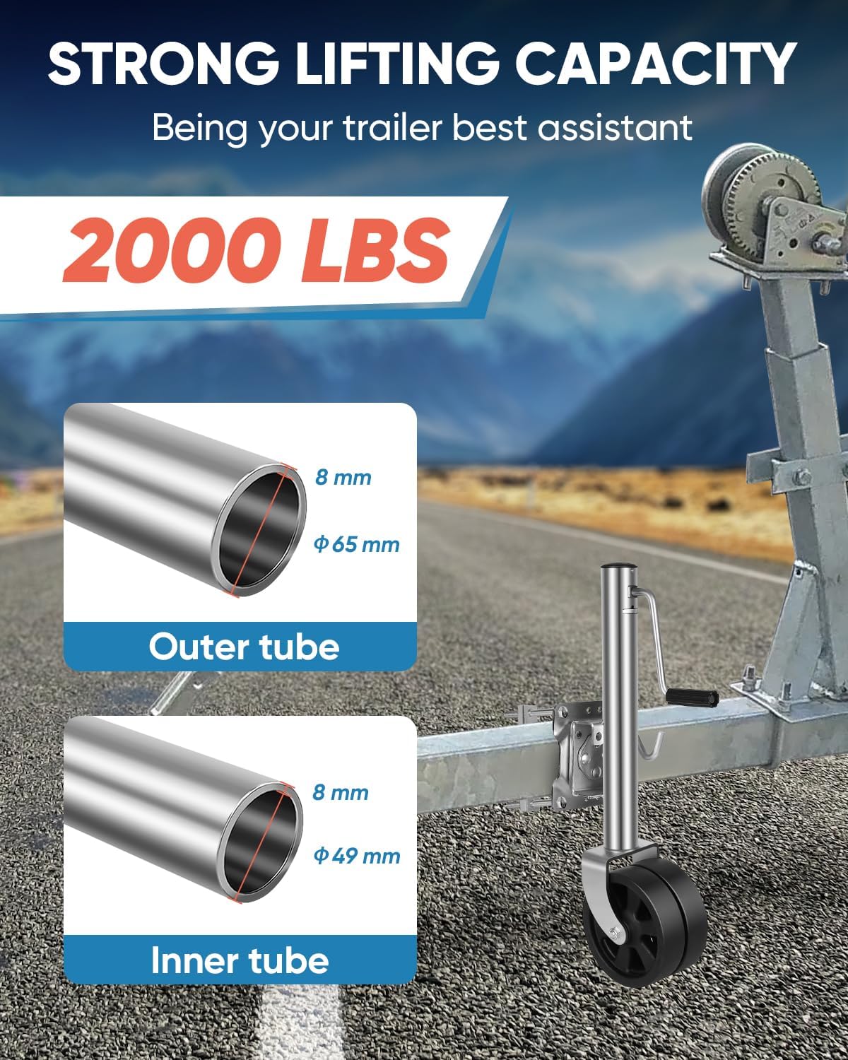 2000 lbs Boat Trailer Jack with Wheel, 8" Double Wheel RV Tongue Jack, Heavy Duty Dual Wheels Swivel Trailer Jack 12" Lift for Camper (Silver)