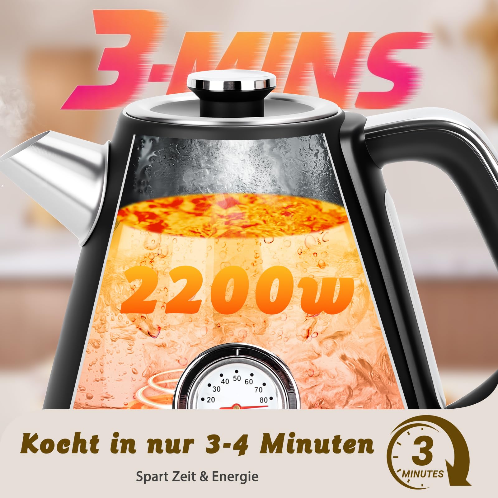 Taylor Swoden Retro Wasserkocher 1,7L Mit Temperaturanzeige Edelstahl 2200W | Mit analoger Temperaturanzeige, beleuchteter Wasserstandsanzeige, Anti-Kalkfilter und Abschaltautomatik